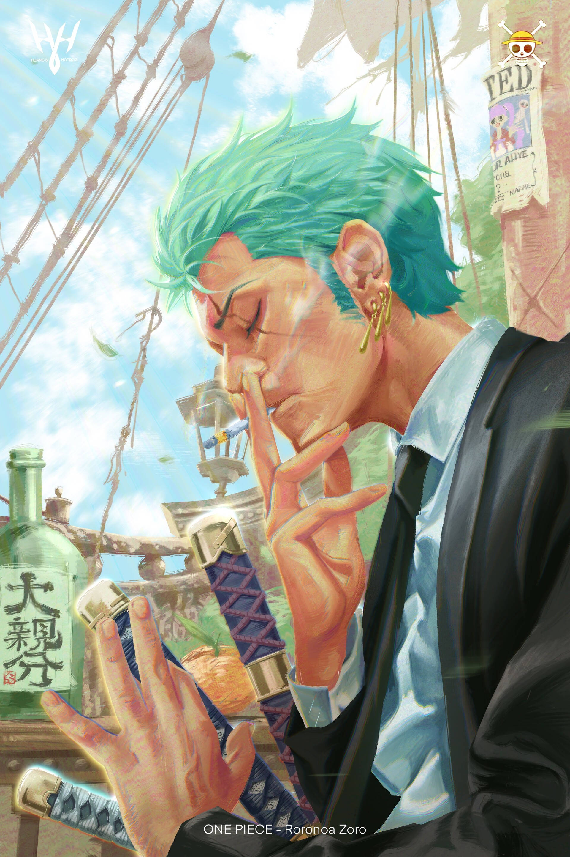 Roronoa Zoro, pirate ship deck, sunlit, 2K Phone Wallpaper