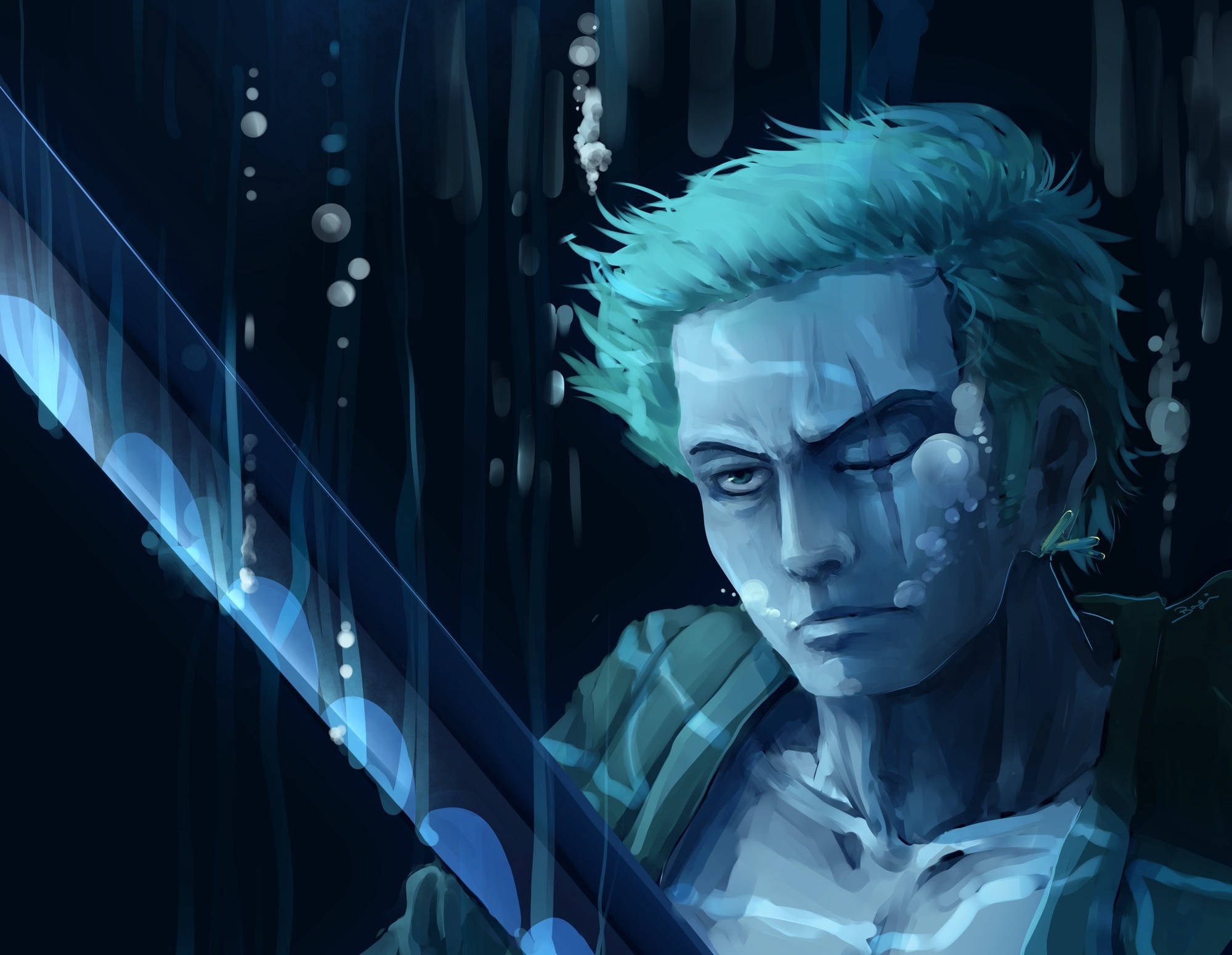 Roronoa Zoro, teal hair, glowing sword, Full HD Desktop Wallpaper