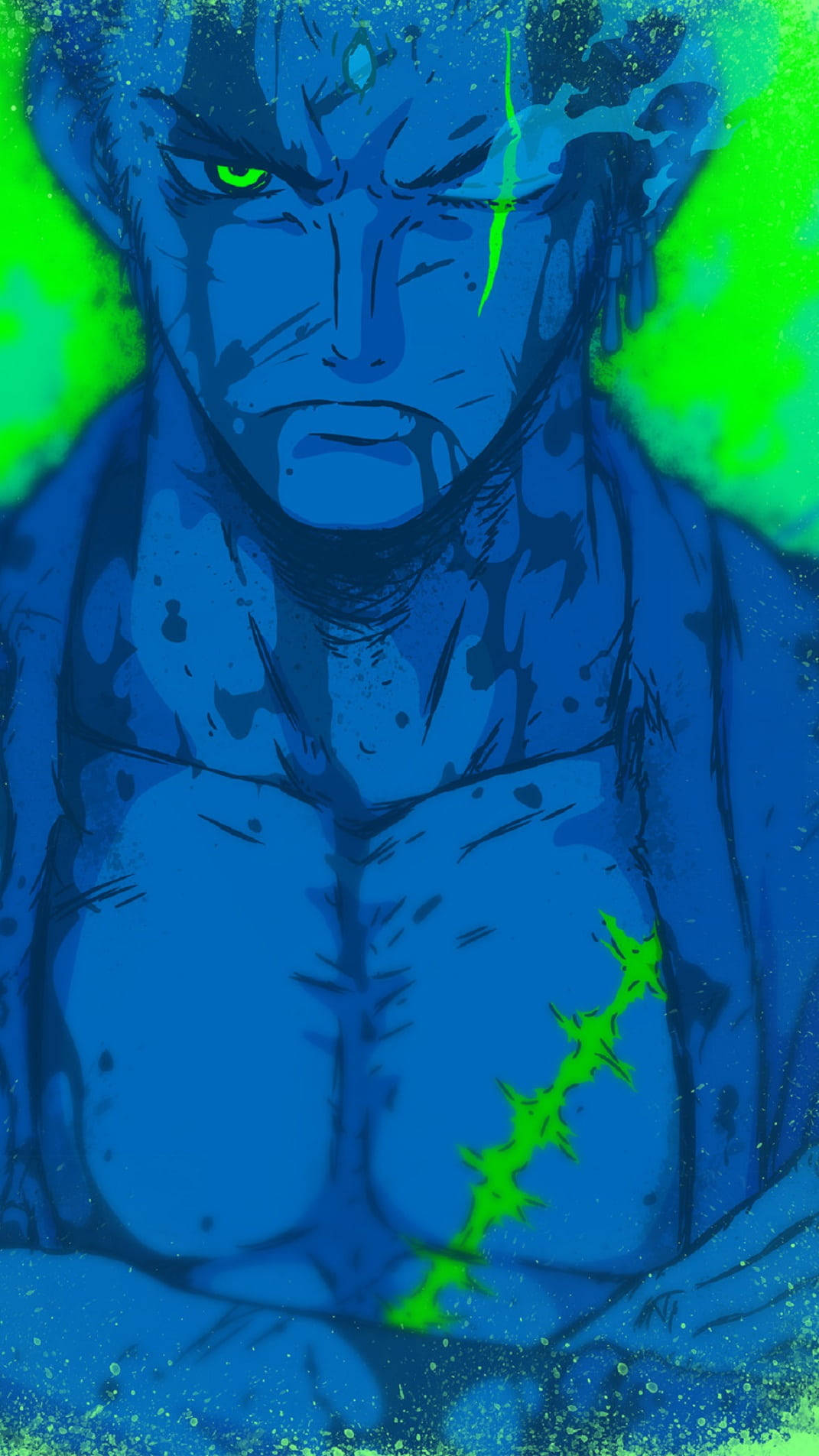 Roronoa Zoro, blue-skinned, glowing green eyes, HD Phone Wallpaper
