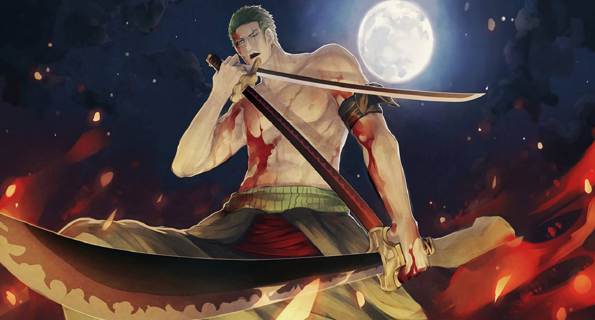 Roronoa Zoro, full moon, massive blade, Full HD Desktop Wallpaper