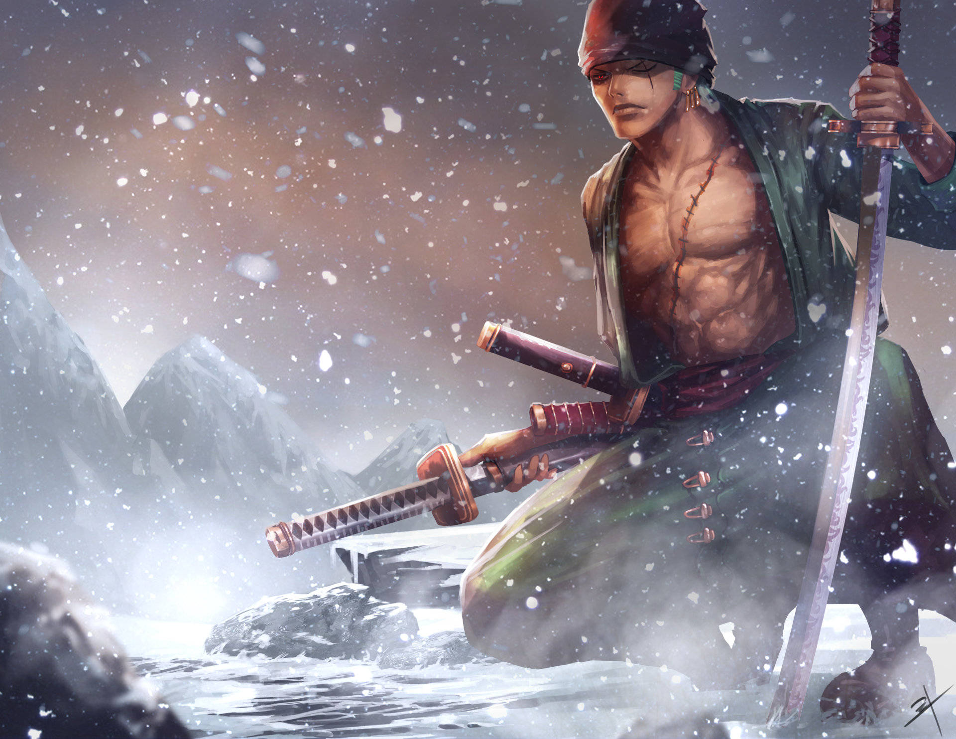 Roronoa Zoro, muscular swordsman, snowy mountains, Full HD Desktop Wallpaper