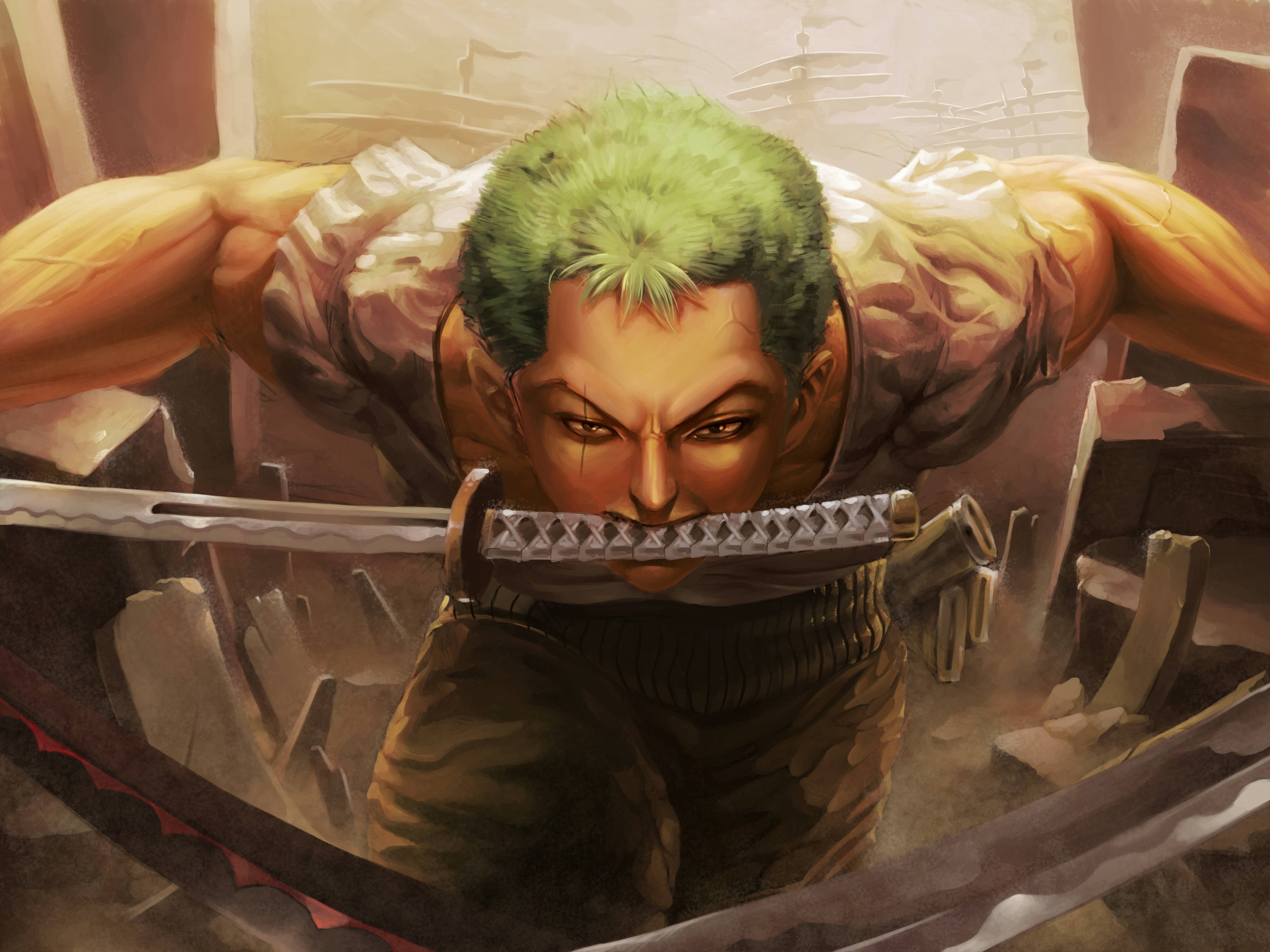 Roronoa Zoro, green-haired, blade in his mouth, 4K Desktop Wallpaper