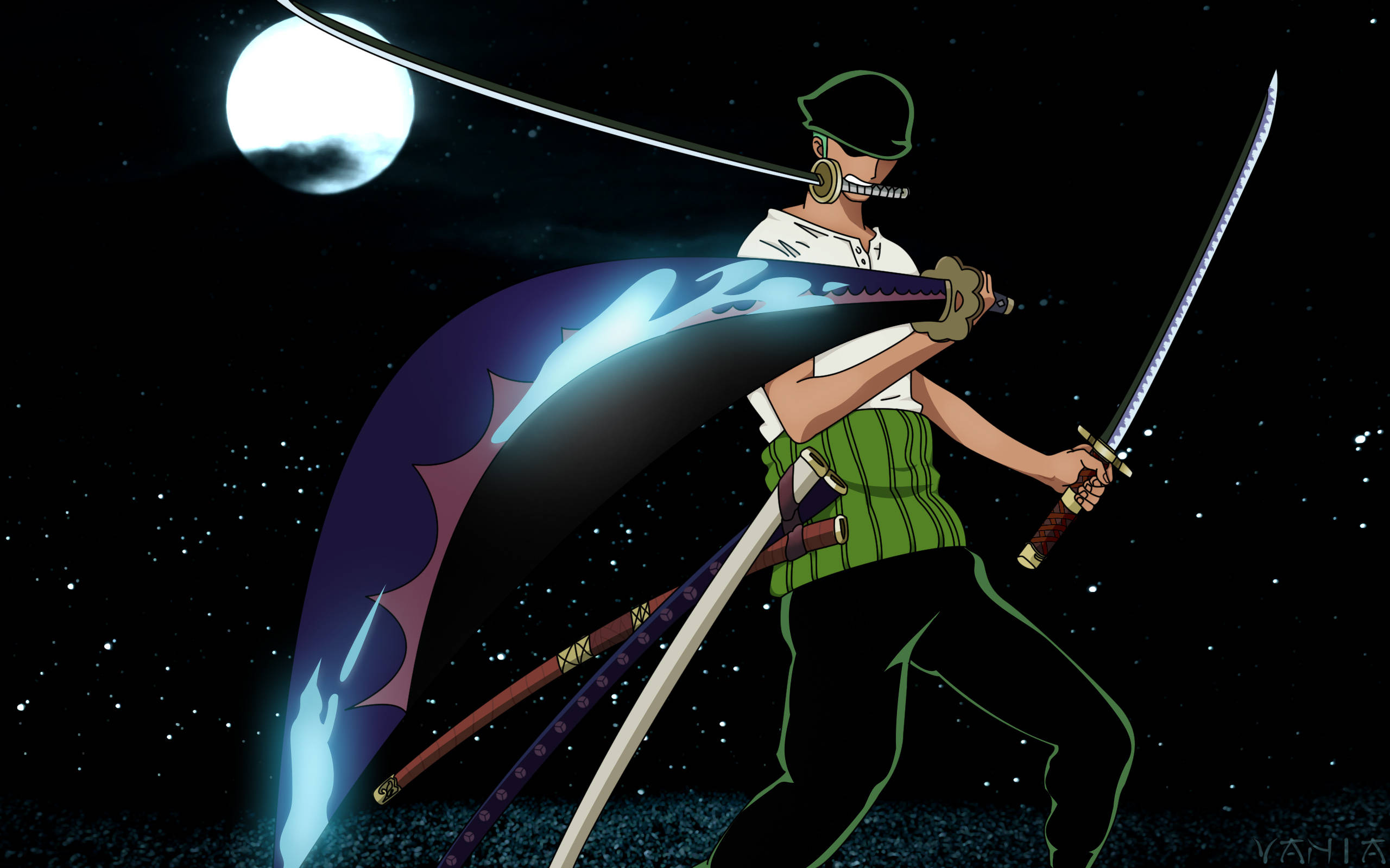Roronoa Zoro, three katanas, full moon, 2K Desktop Wallpaper