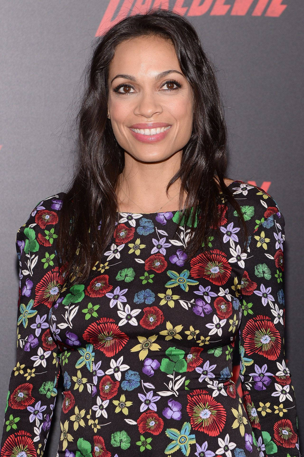Rosario Dawson, floral dress, red text, Full HD Phone Wallpaper