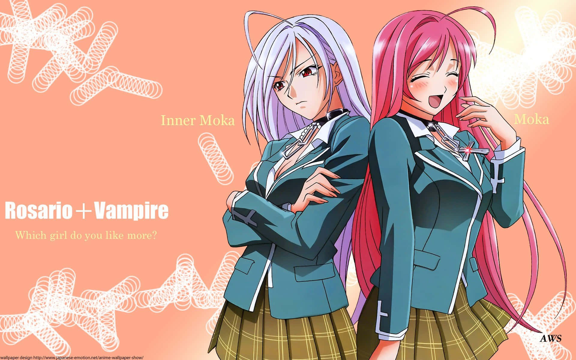 Rosario Vampire, silver hair, pink hair, Full HD Desktop Wallpaper