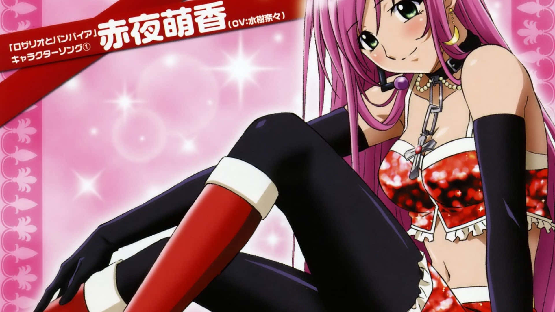 Rosario Vampire, pink hair, red outfit, Full HD Desktop Wallpaper