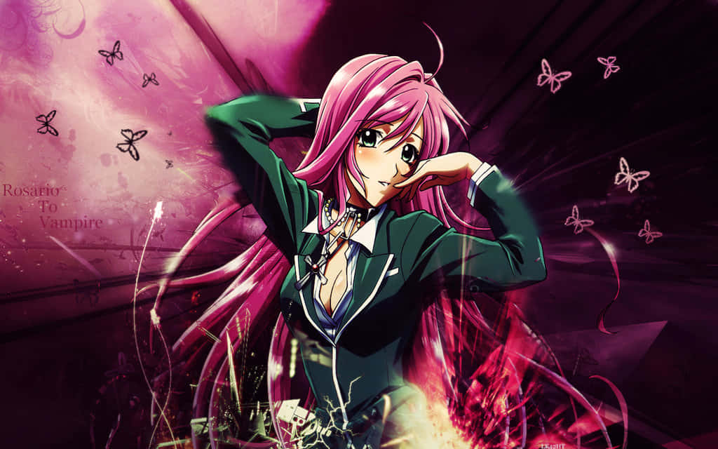 Rosario Vampire, pink-haired anime girl, green school uniform, SD Desktop Wallpaper