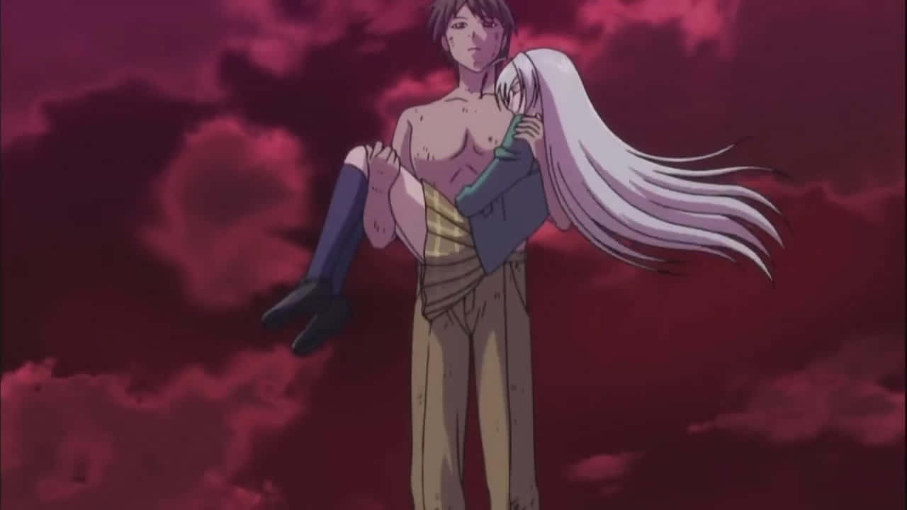 Rosario Vampire, white-haired woman, dramatic red cloudy sky, HD Desktop Wallpaper