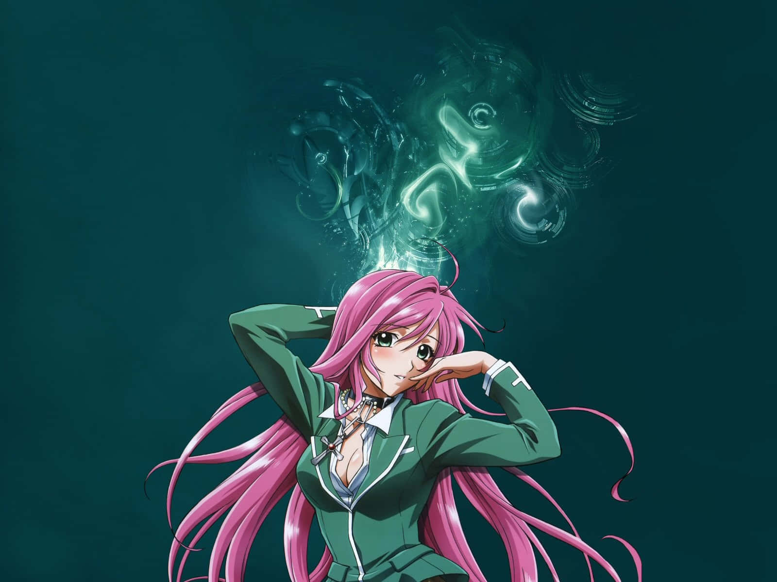 Rosario Vampire, pink-haired anime girl, green uniform, HD Desktop Wallpaper