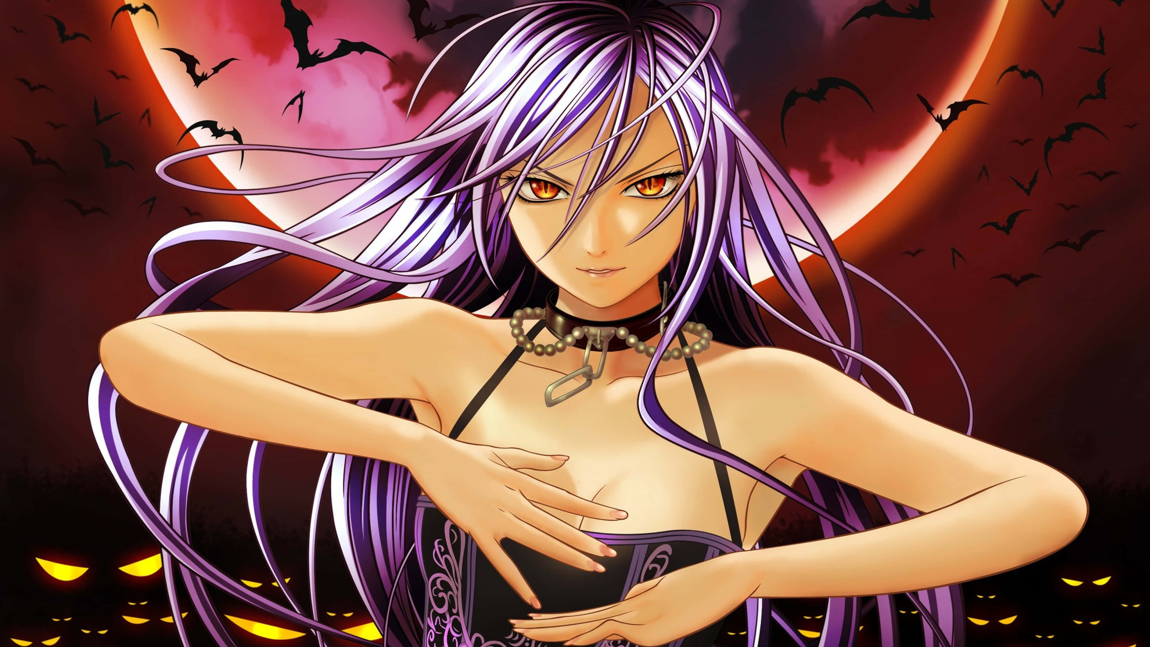 Rosario Vampire, purple hair, red eyes, 4K Desktop Wallpaper