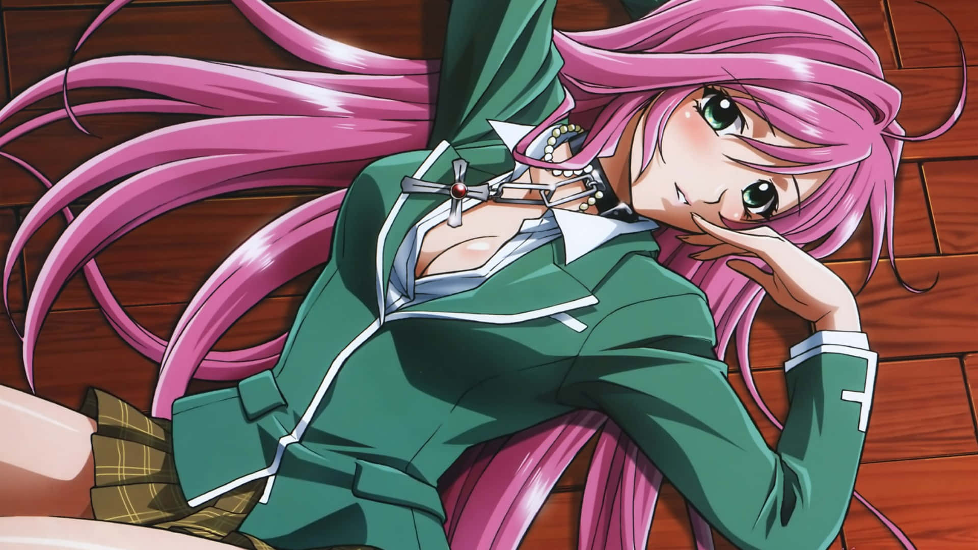 Rosario Vampire, pink-haired anime girl, green school uniform, Full HD Desktop Wallpaper