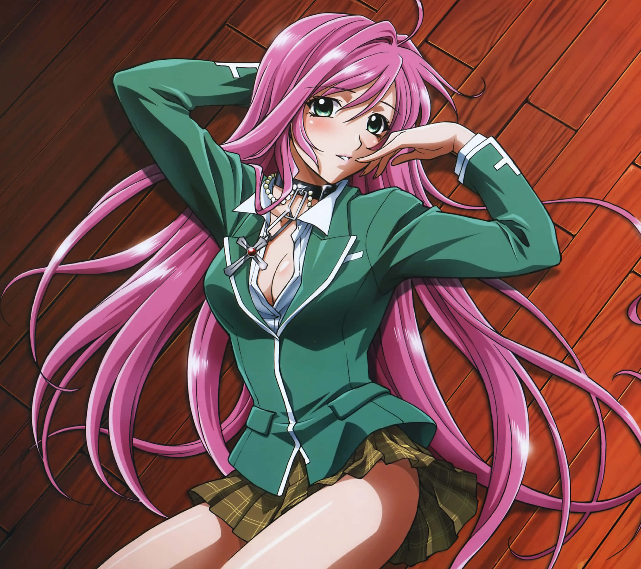 Rosario Vampire, pink hair, green school uniform, Full HD Desktop Wallpaper