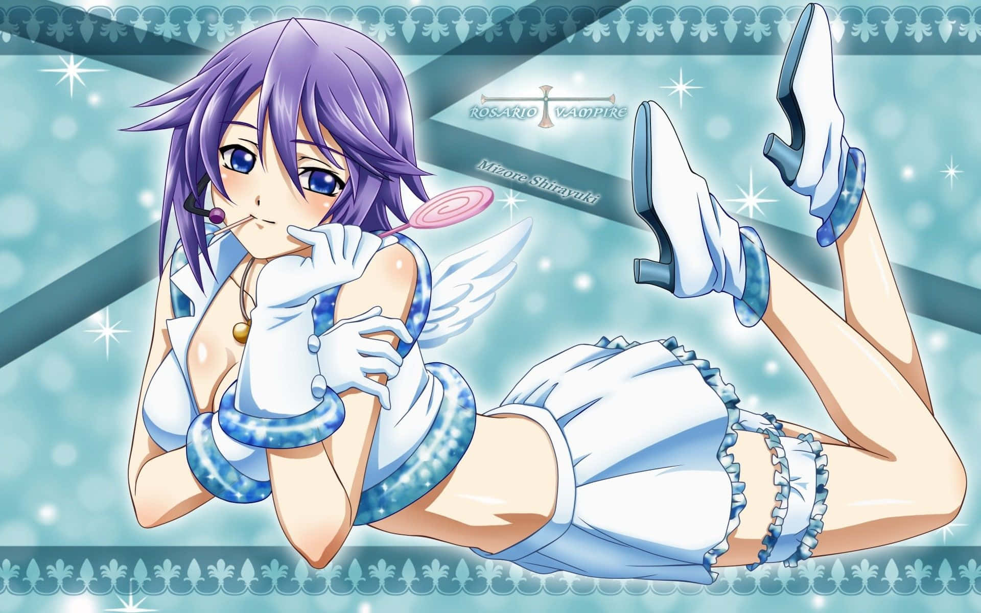 Rosario Vampire, purple-haired anime girl, blue and white maid outfit, Full HD Desktop Wallpaper