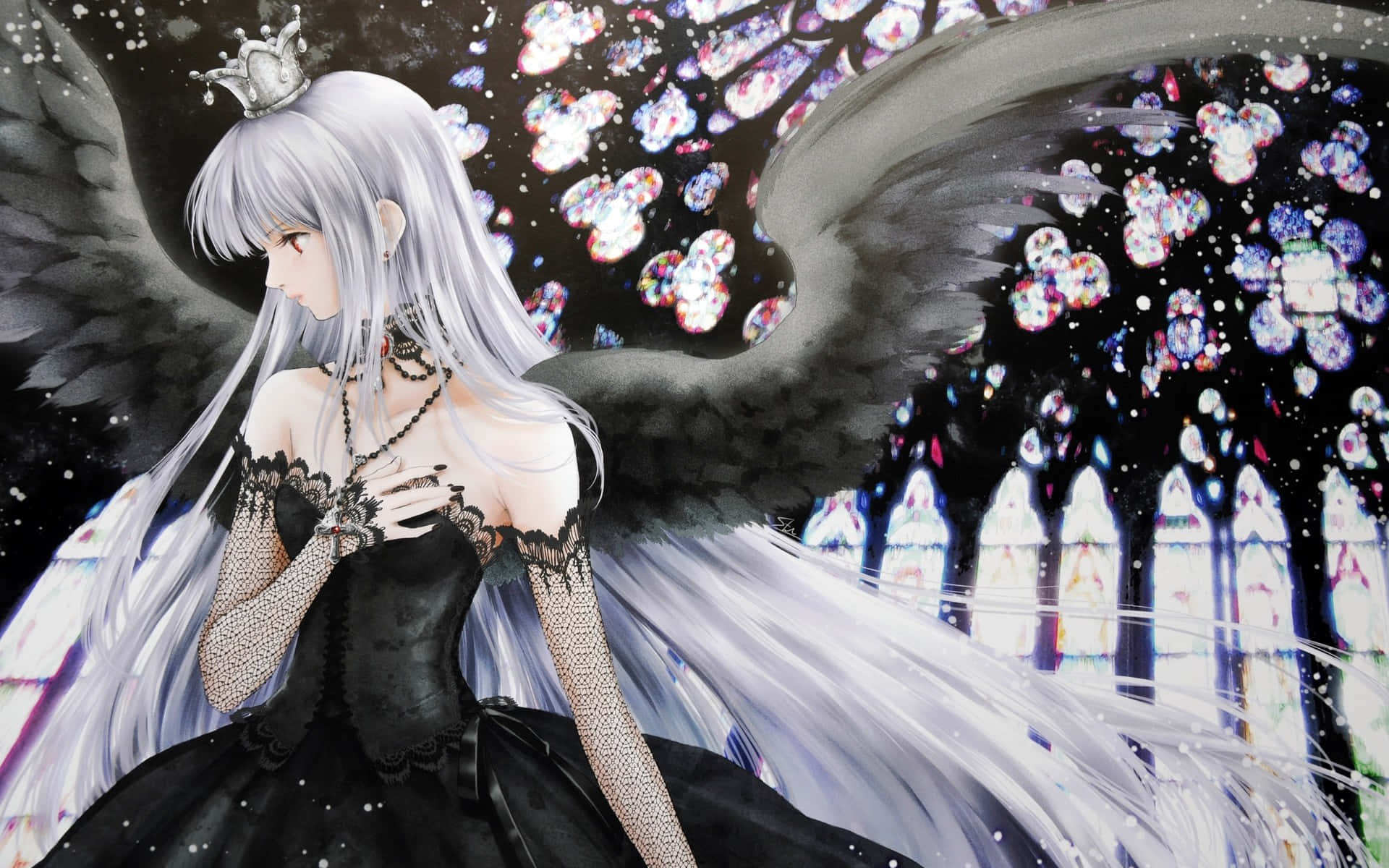 Rosario Vampire, silver-haired anime angel, black lace gown, Full HD Desktop Wallpaper