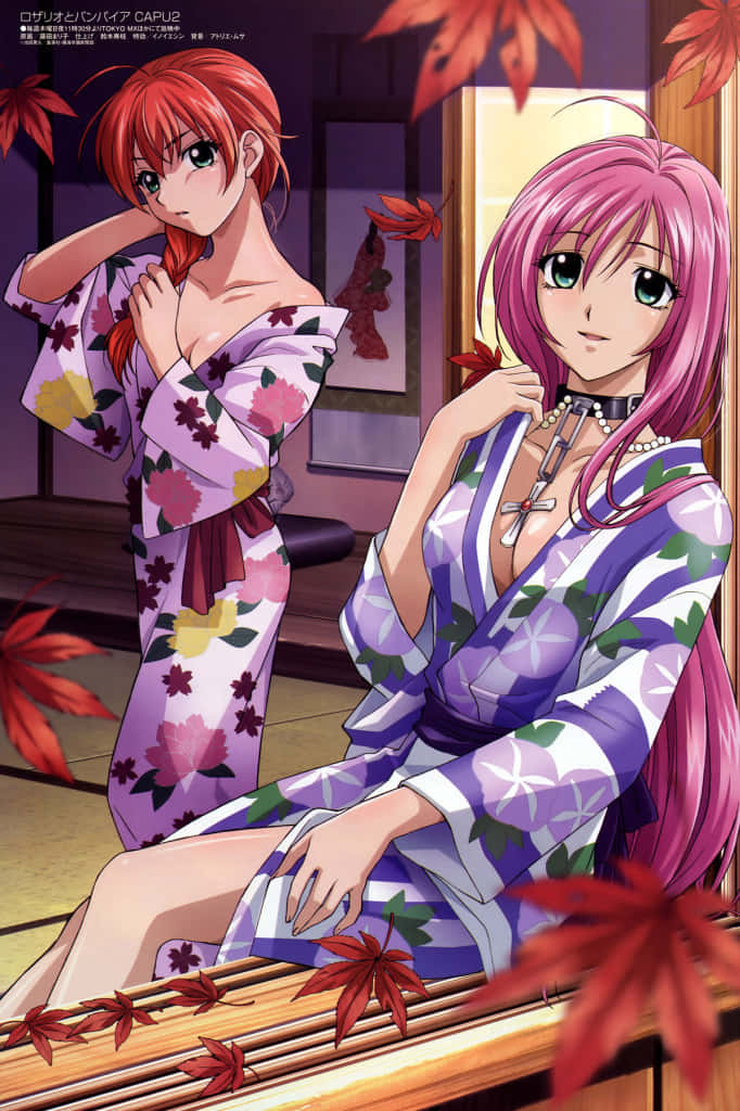 Rosario Vampire, floral yukatas, red maple leaves, SD Phone Wallpaper