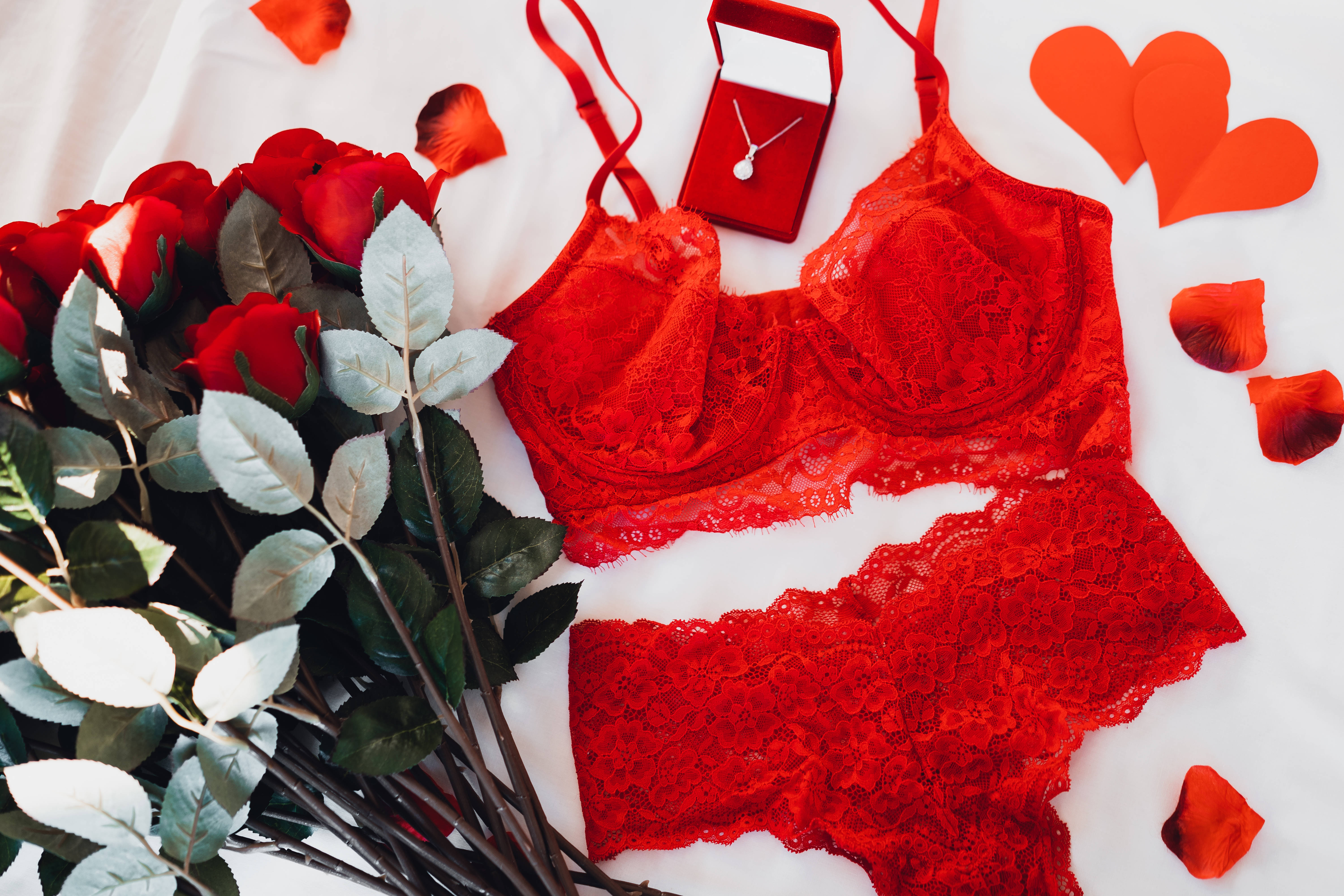 rose aesthetic phone background, red lace lingerie set, roses, 5K Desktop Wallpaper