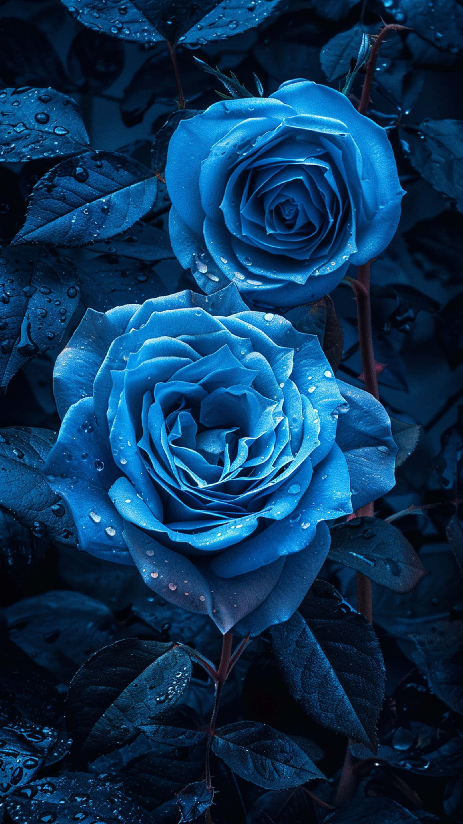 blue rose, dark blue leaves, dewdrops, 2K Phone Wallpaper