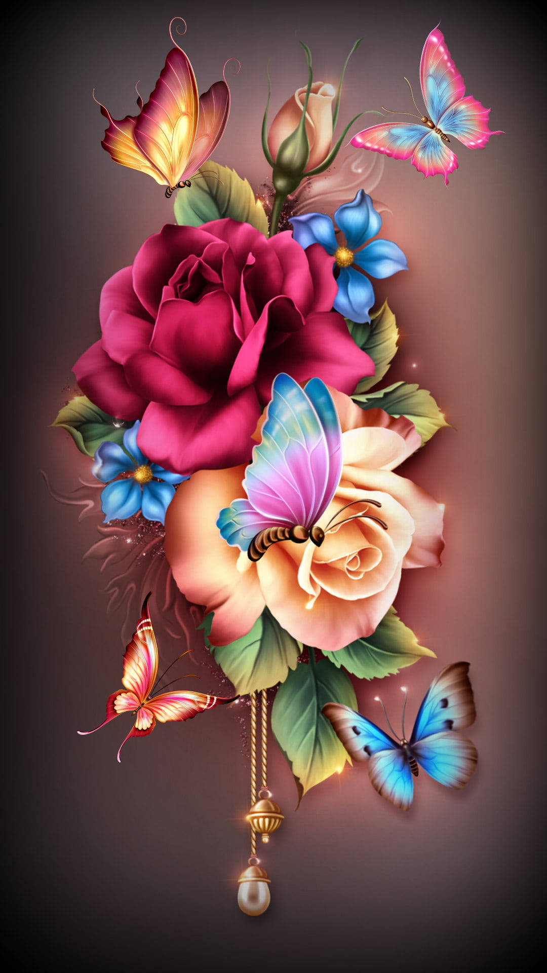 3D Butterfly Rose Aesthetic, colorful butterflies, lush roses, Full HD Phone Wallpaper