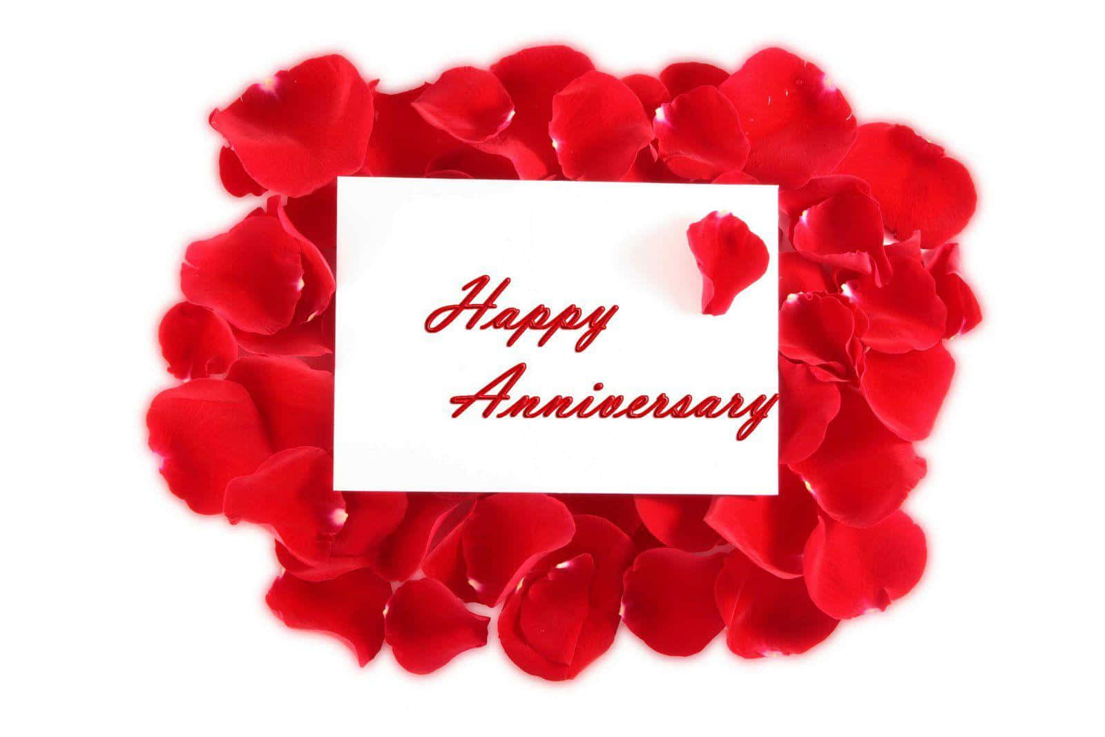 Happy Anniversary, red cursive text, heart-shaped arrangement, HD Desktop Wallpaper