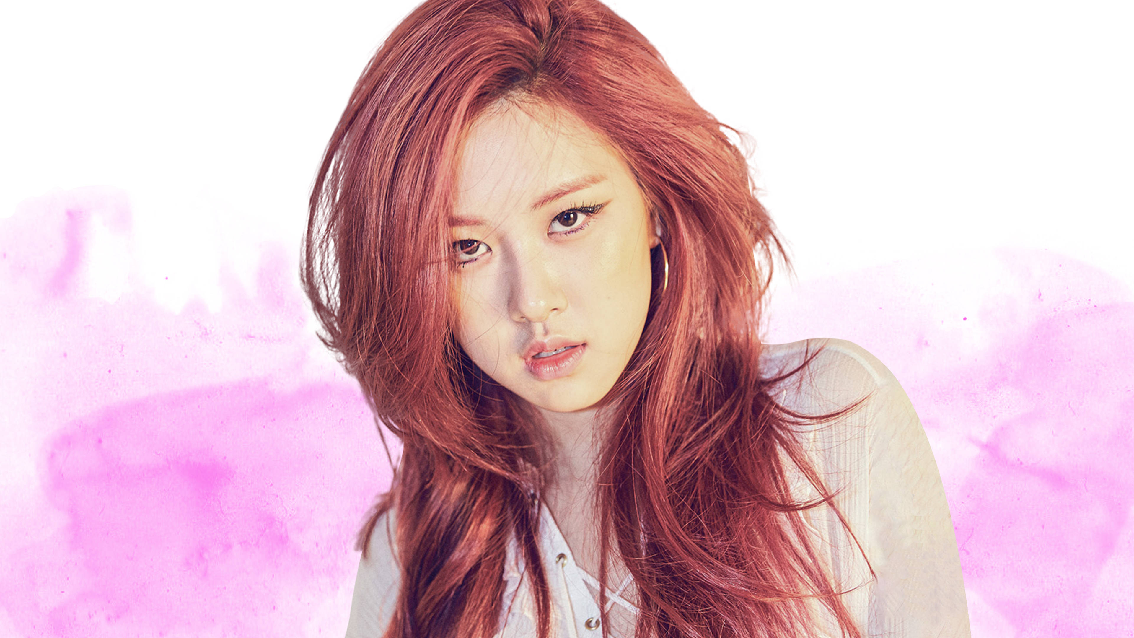 Rose Blackpink, vibrant red hair, soft pink watercolor background, 4K Desktop Wallpaper