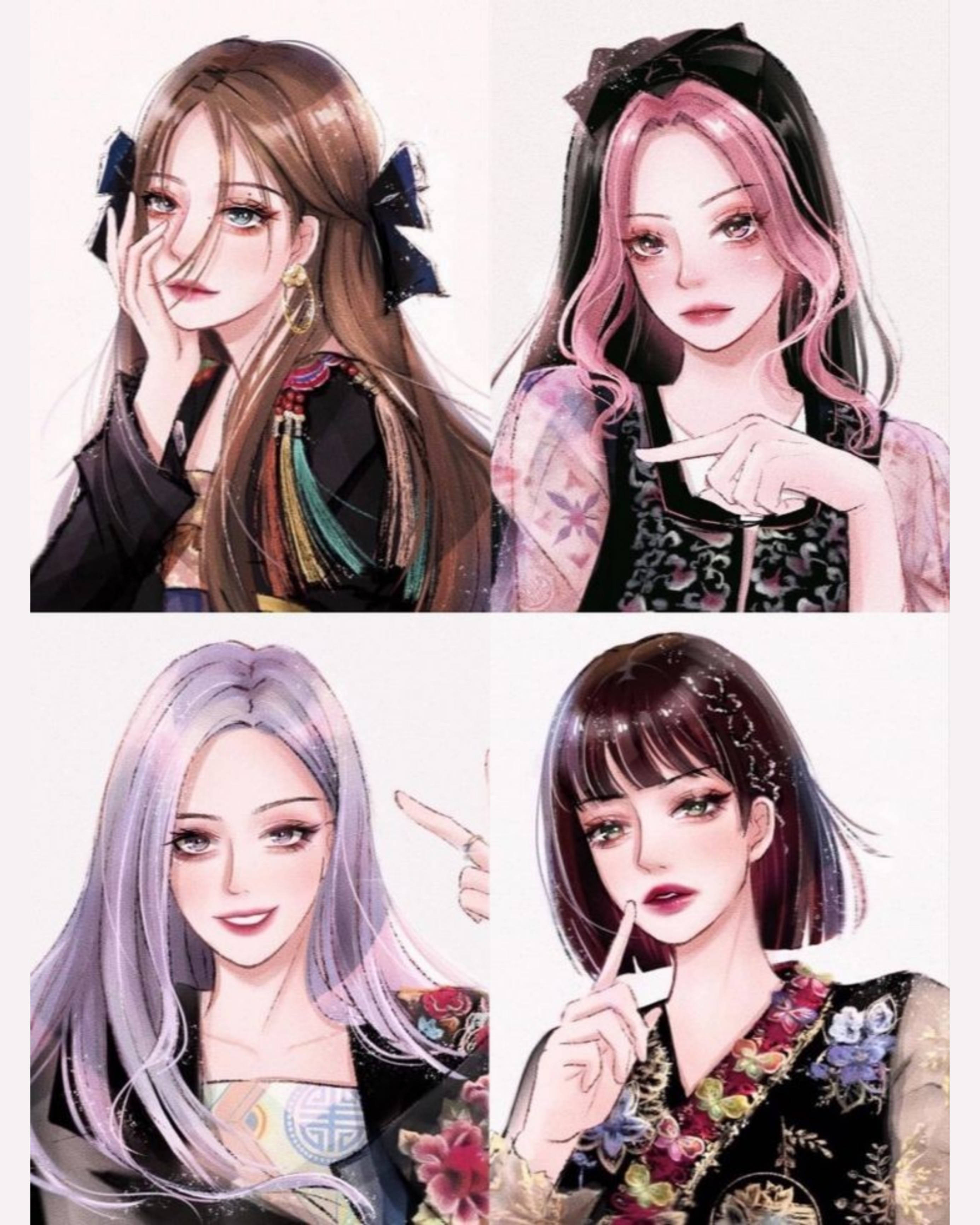 Blackpink, cartoon, modern hanbok, 2K Phone Wallpaper