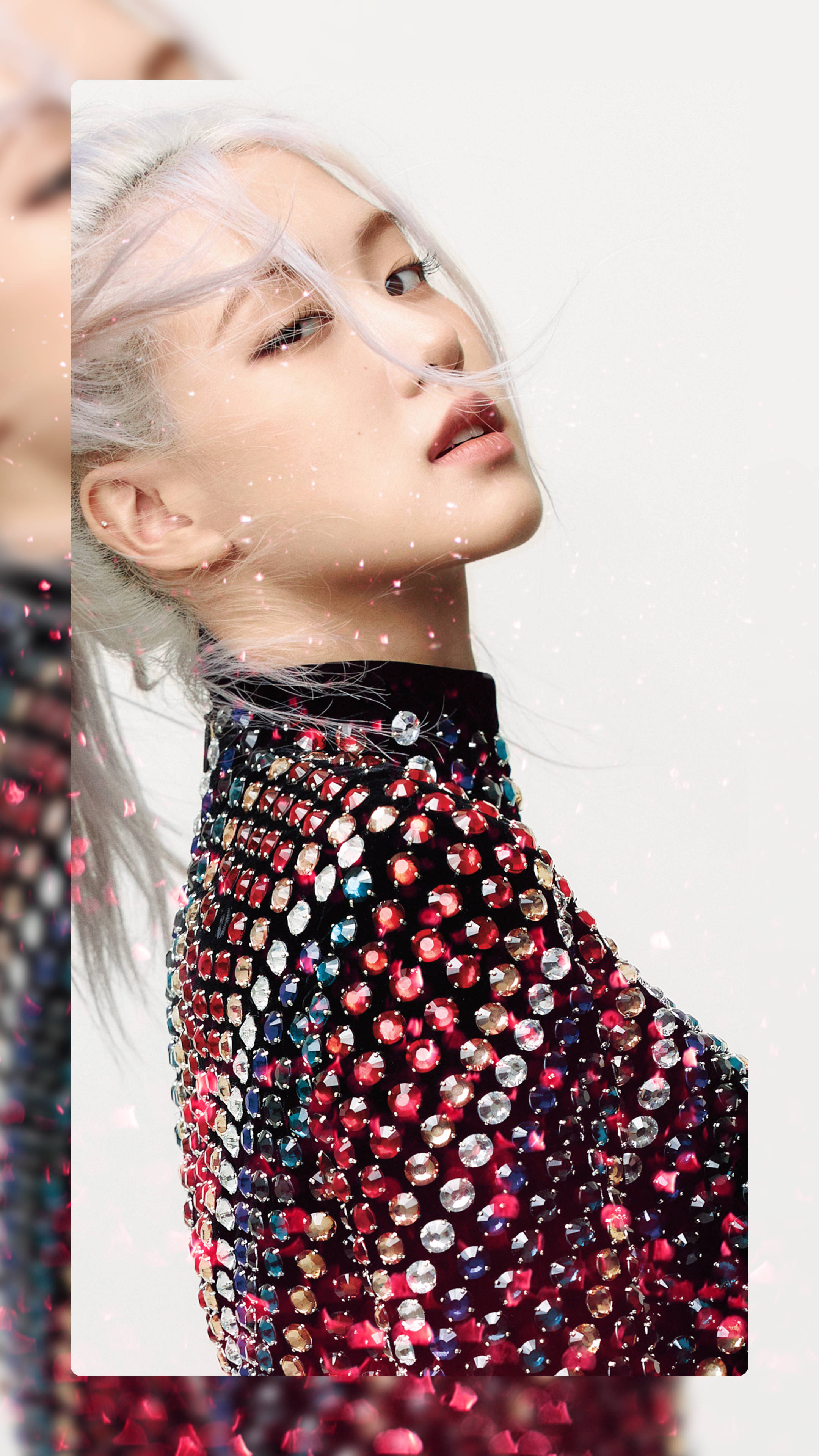 Rose Blackpink, silver hair, sparkling multicolored gem-encrusted top, 4K Phone Wallpaper