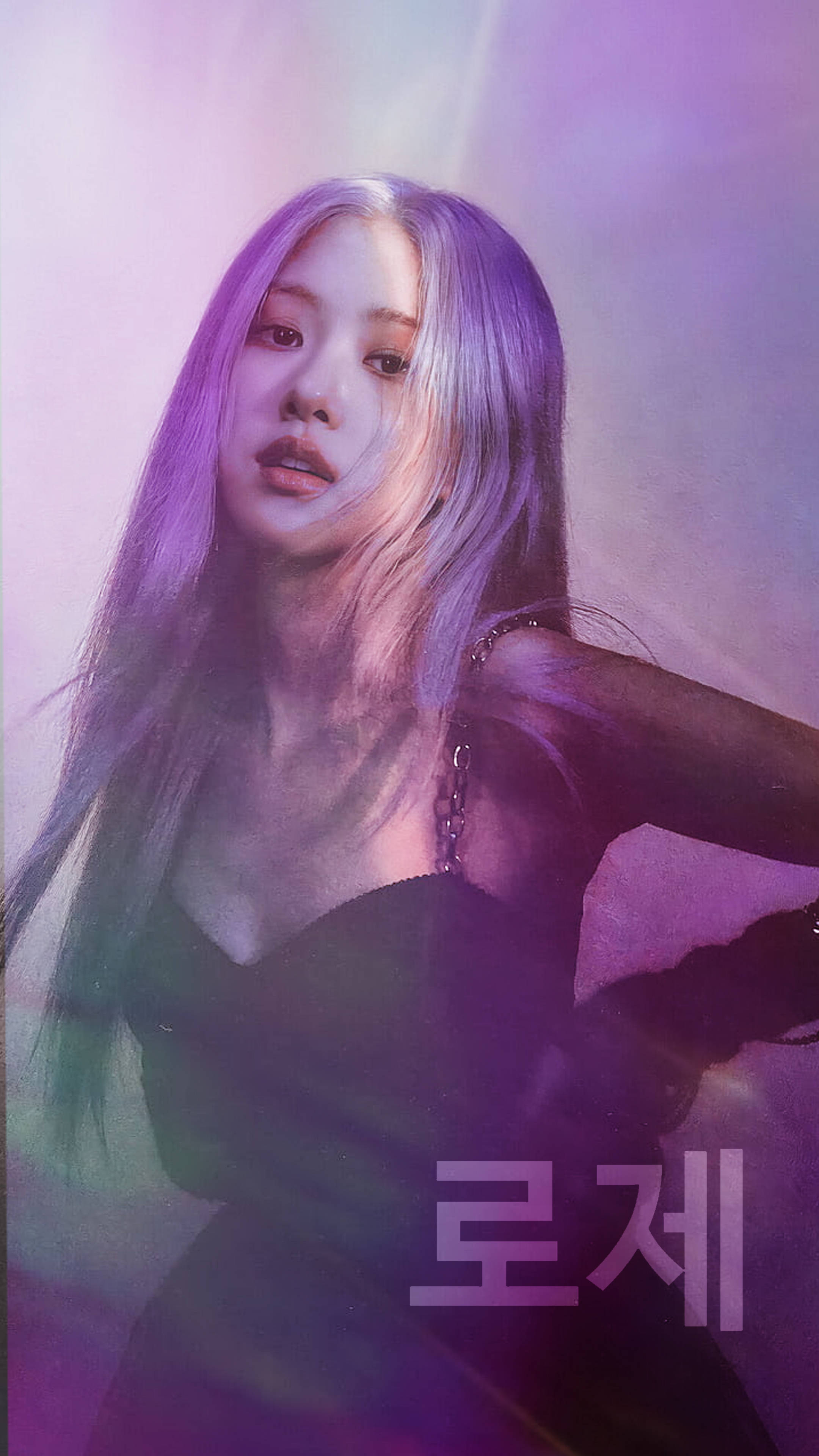 Rose Blackpink, purple hair, glowing purple and pink gradient background, 4K Phone Wallpaper