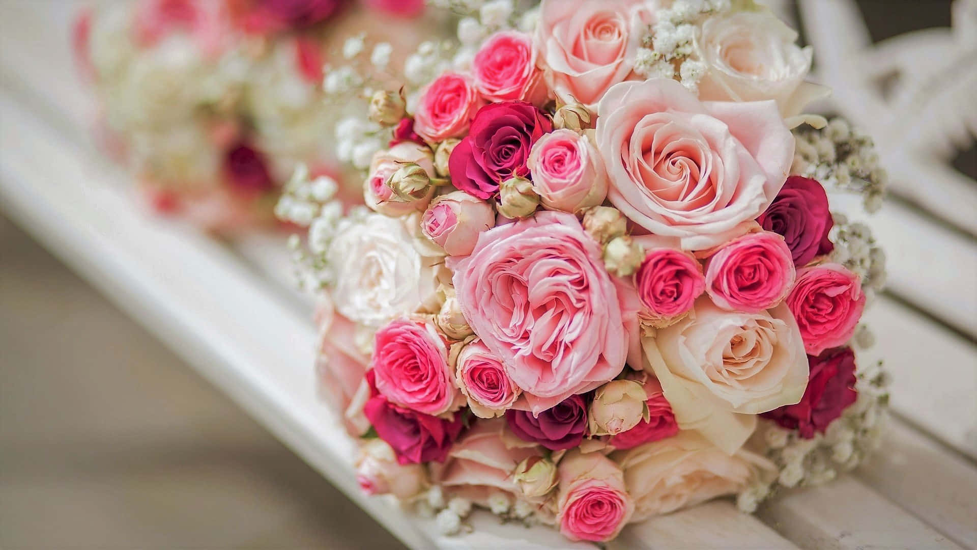 wedding rose bouquet, pink and white roses, baby's breath, Full HD Desktop Wallpaper