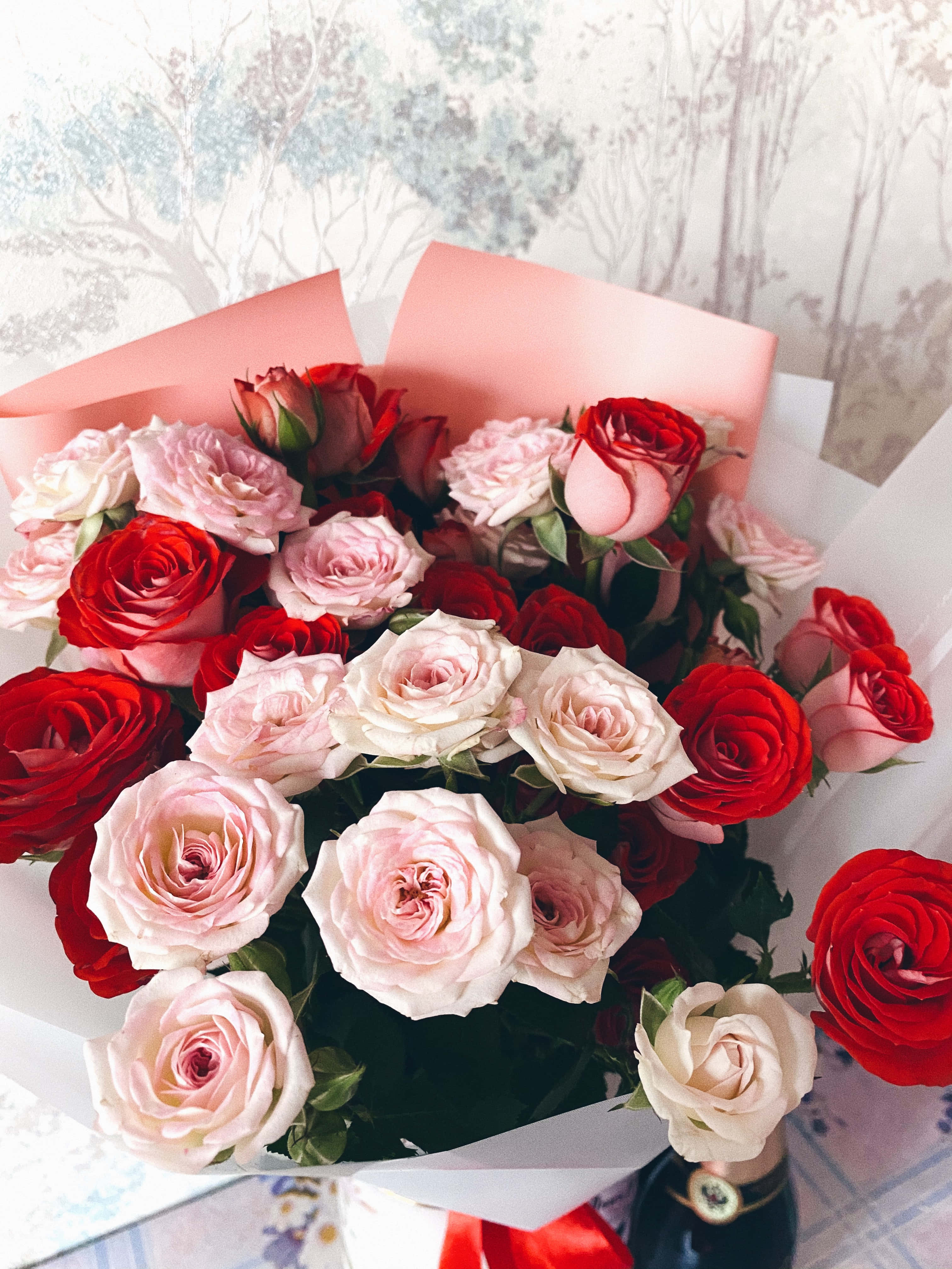 traditional red pale pink garden rose bouquet, red and pink roses, soft pink paper, 4K Phone Wallpaper
