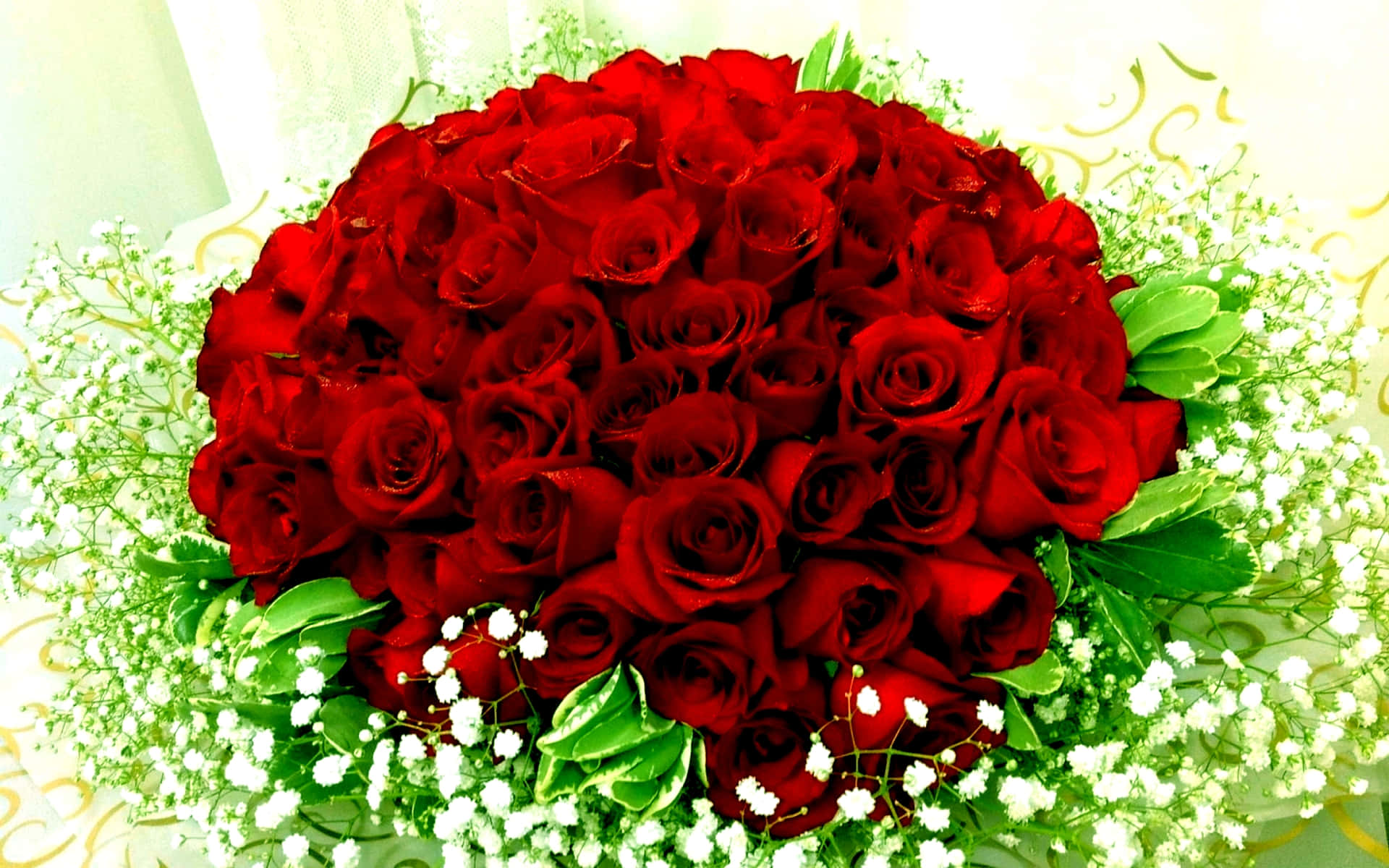 red rose bouquet, baby's breath, deep red roses, Full HD Desktop Wallpaper