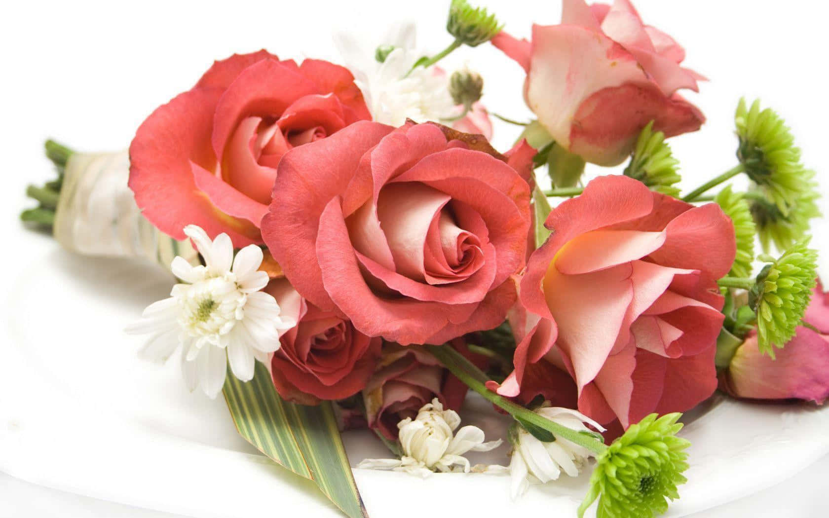 pastel shaded rose bouquet, coral roses, white daisies, HD Desktop Wallpaper