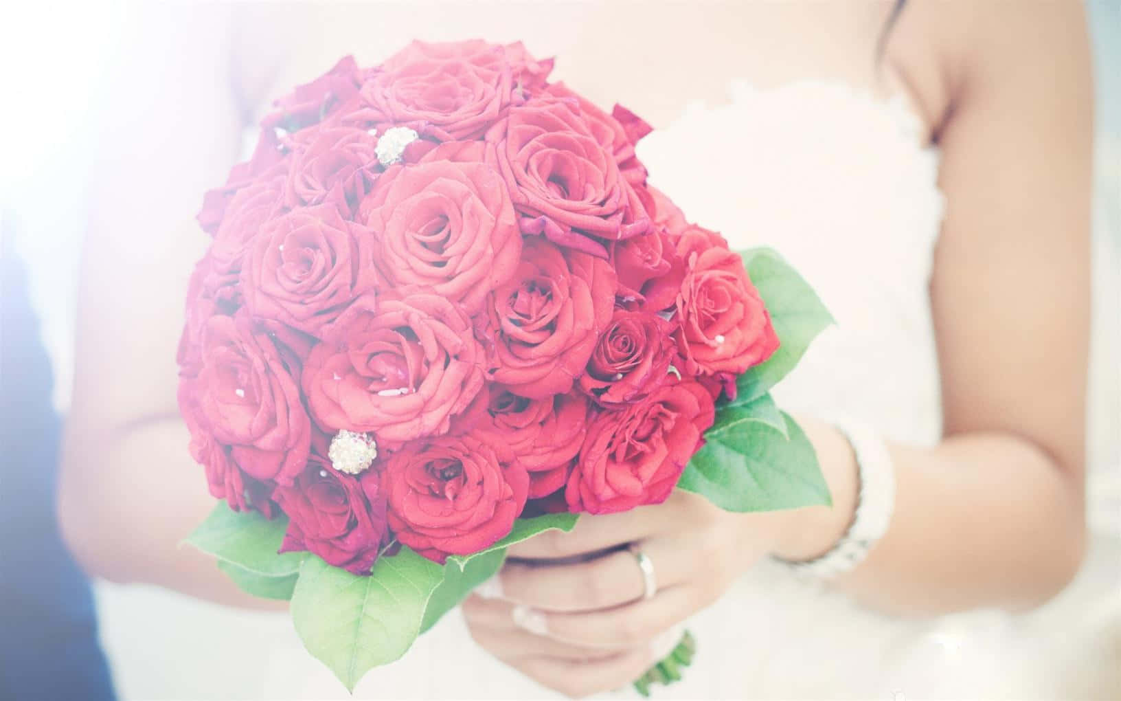 bride, rose bouquet, deep red roses, HD Desktop Wallpaper