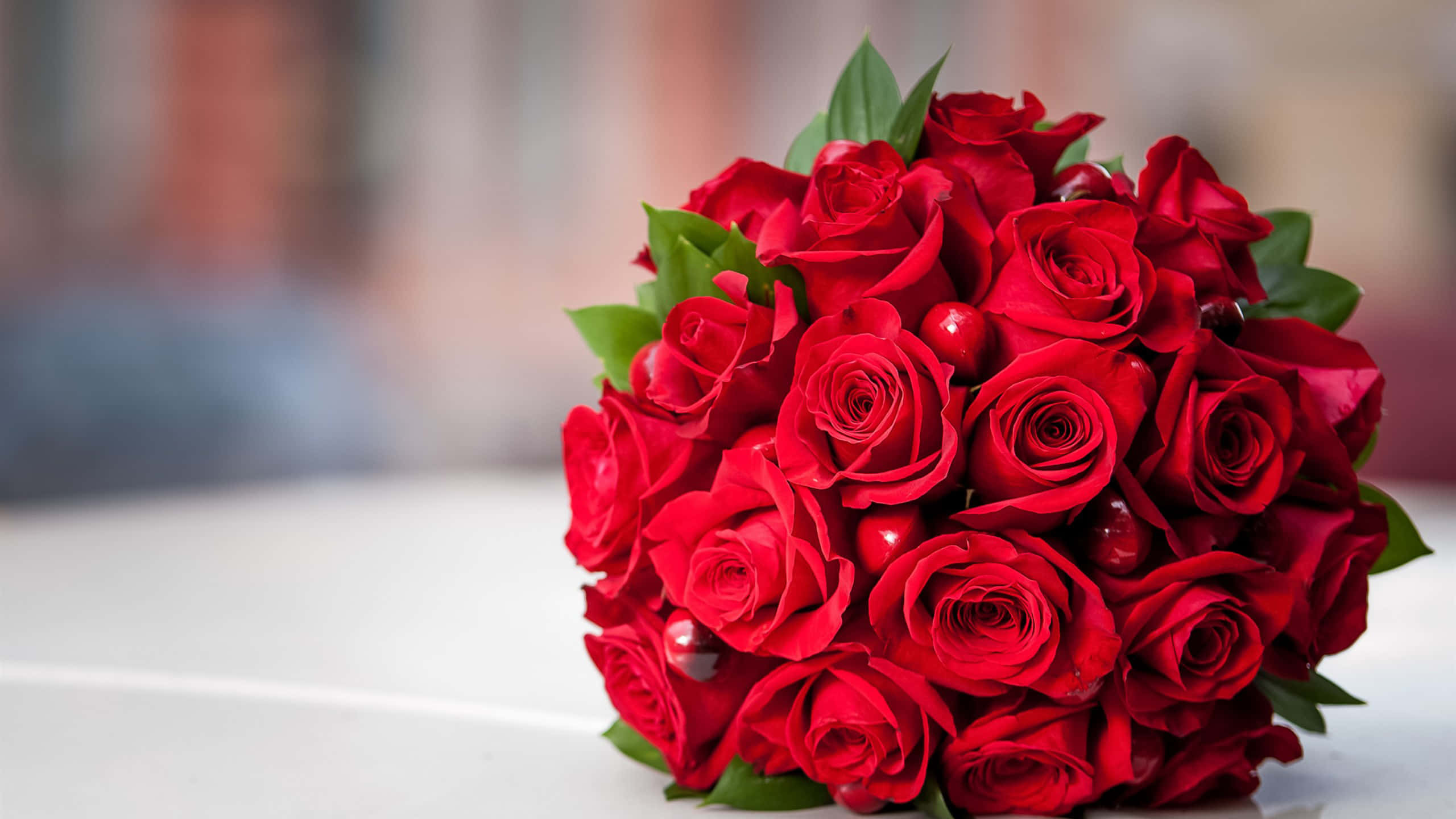 red rose bouquet, red balls decoration, dewdrops, 2K Desktop Wallpaper