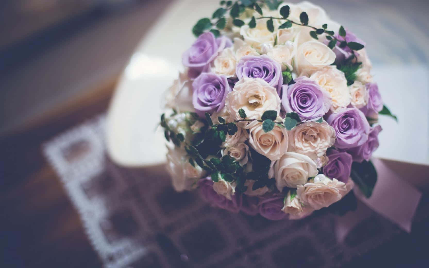 purple white rose bouquet, lavender and cream roses, lace-trimmed surface, HD Desktop Wallpaper