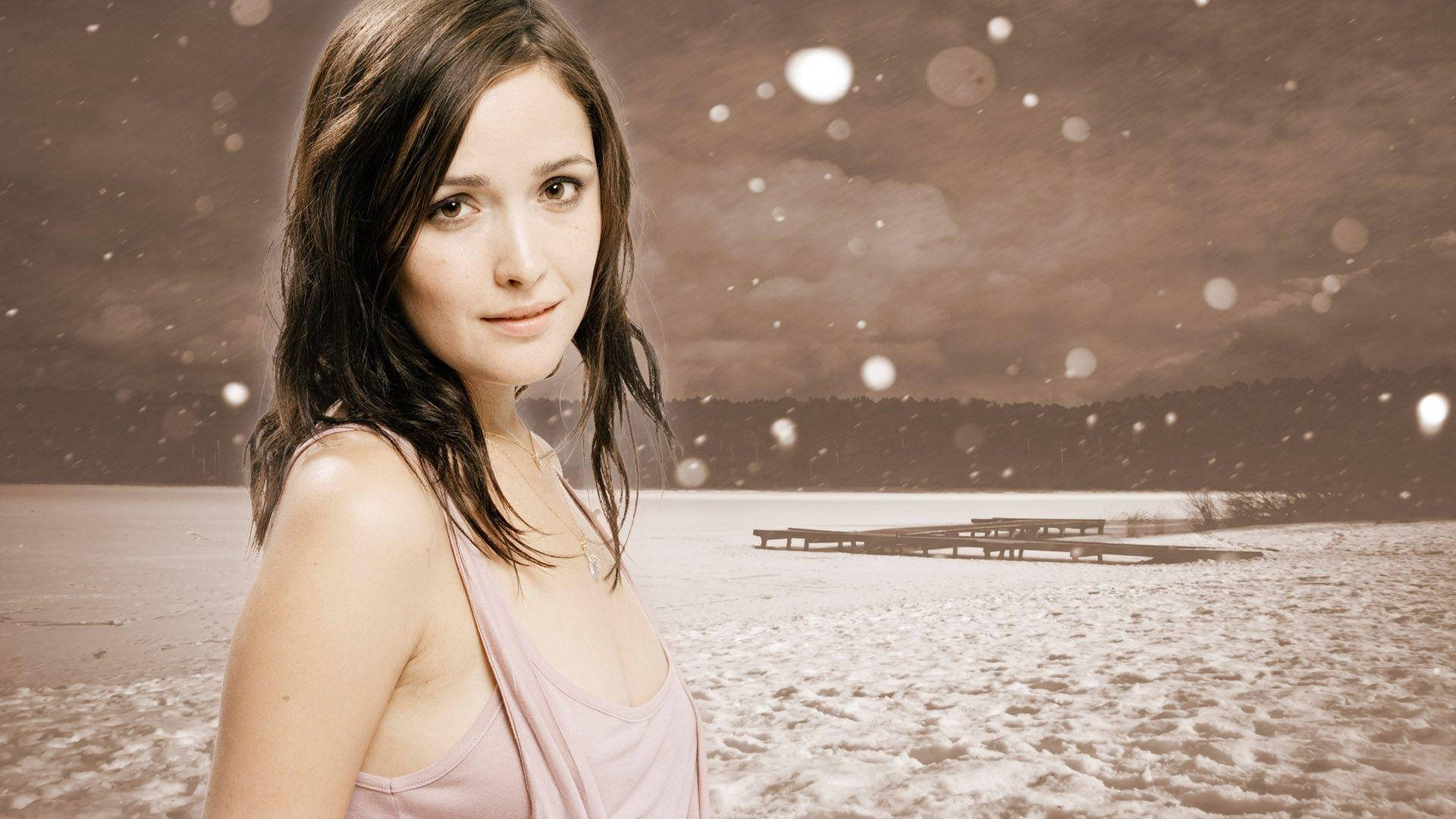 Rose Byrne, pink top, snowy beach, Full HD Desktop Wallpaper