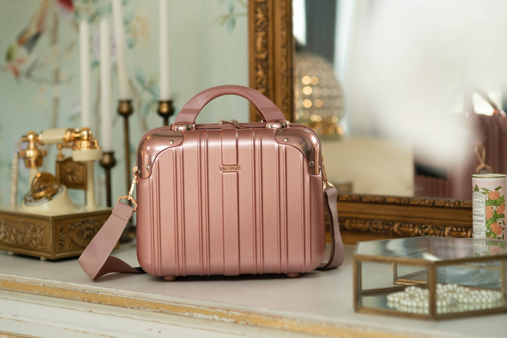 rose gold vintage-style suitcase, vertical ridges, white dresser, Full HD Desktop Wallpaper