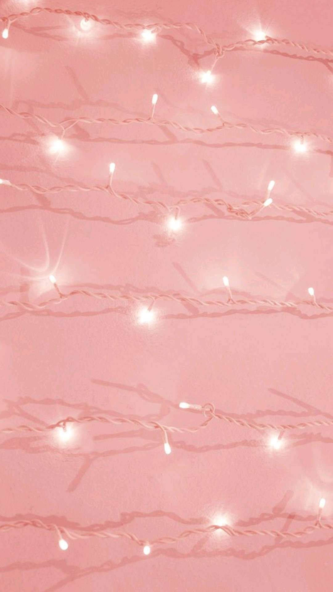 Rose Gold Aesthetic, soft pink background, glowing white string lights, Full HD Phone Wallpaper