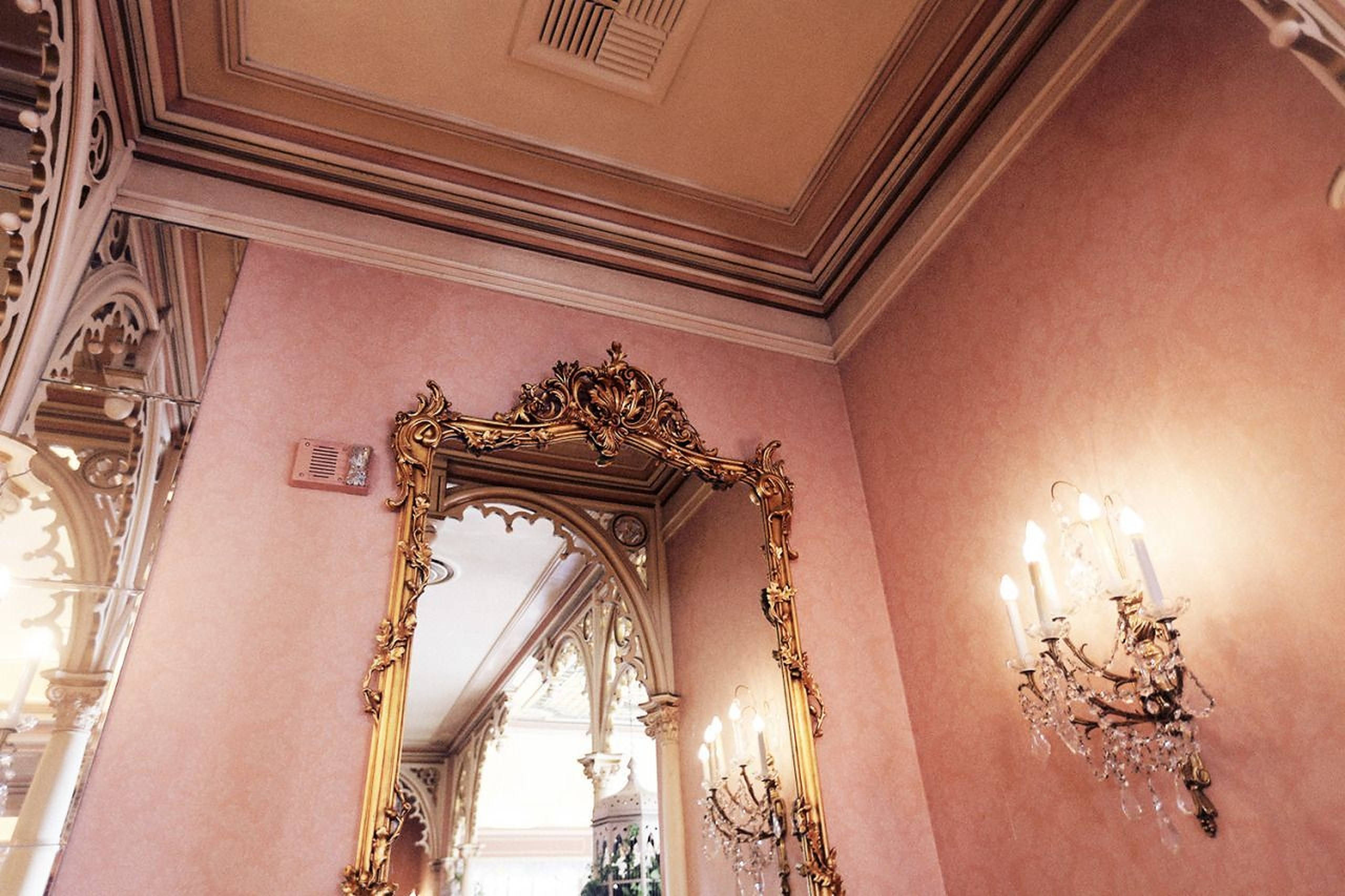 rose gold aesthetic wall, gold-framed mirror, pink walls, 2K Desktop Wallpaper