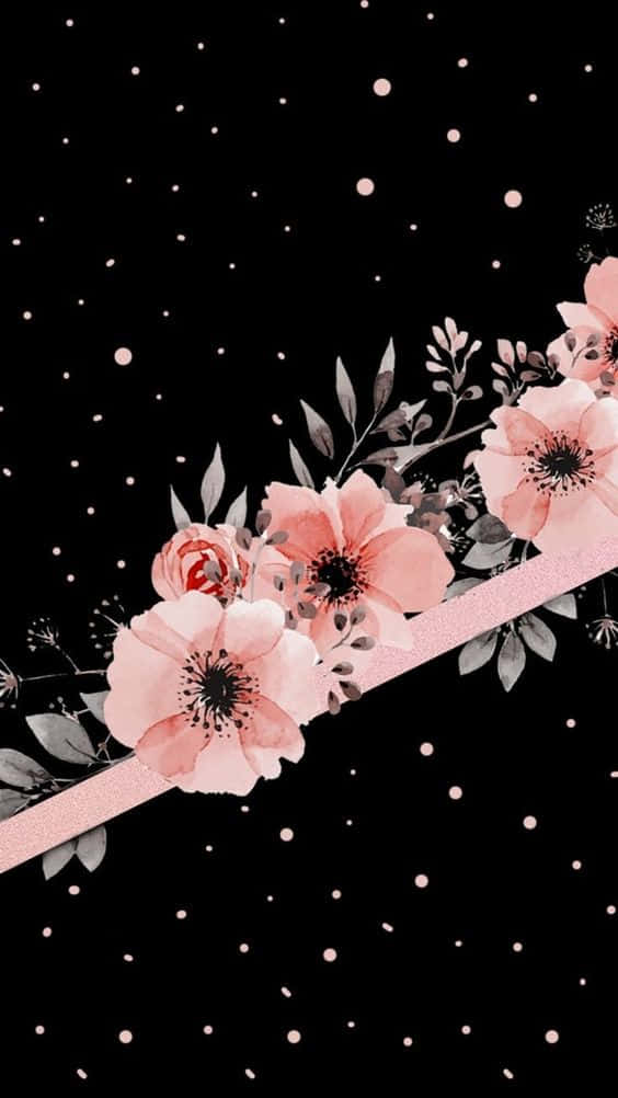 Starry Floral Rose Gold And Black, pink watercolor flowers, black background, SD Phone Wallpaper
