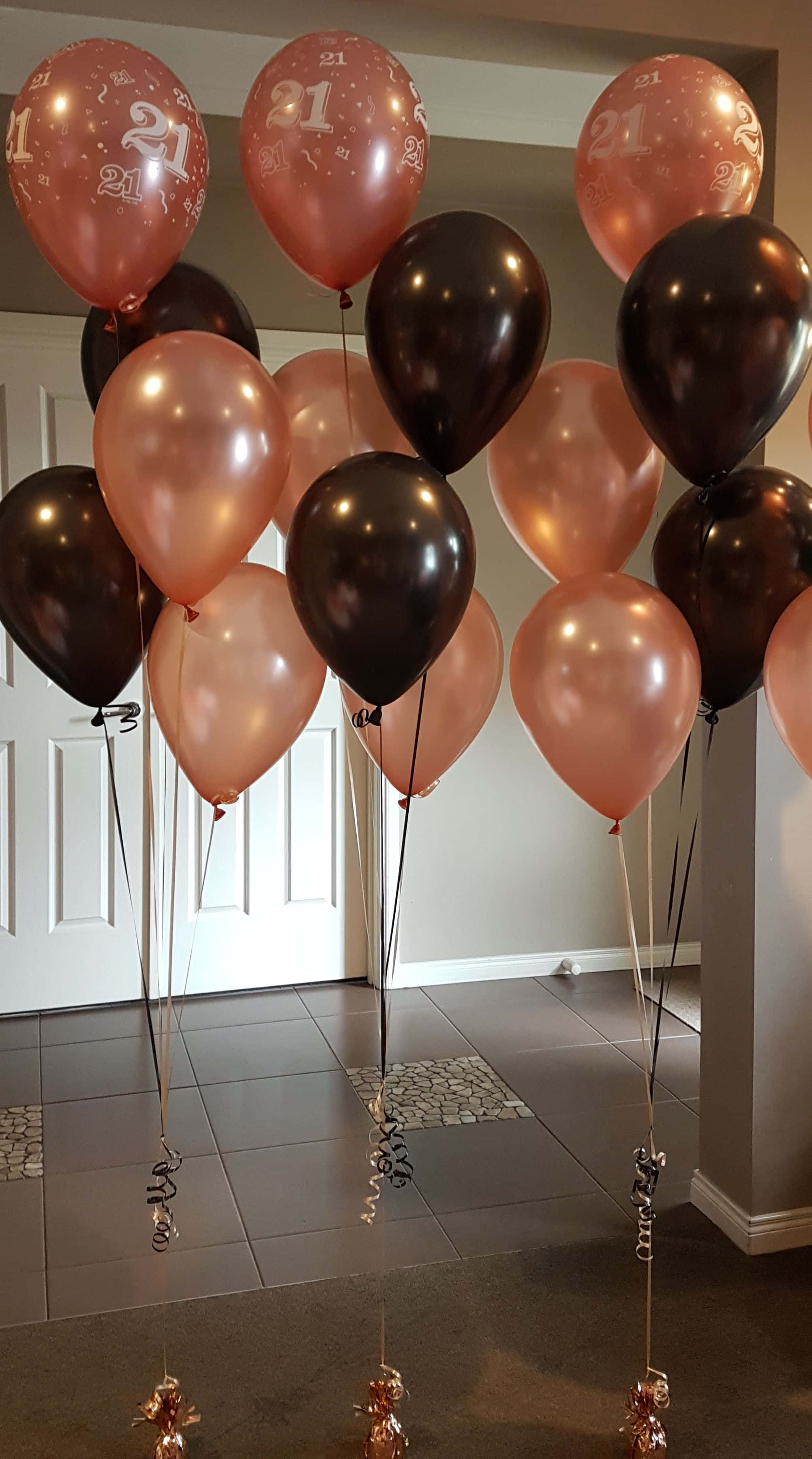 rose gold and black, 21, balloons, 2K Phone Wallpaper