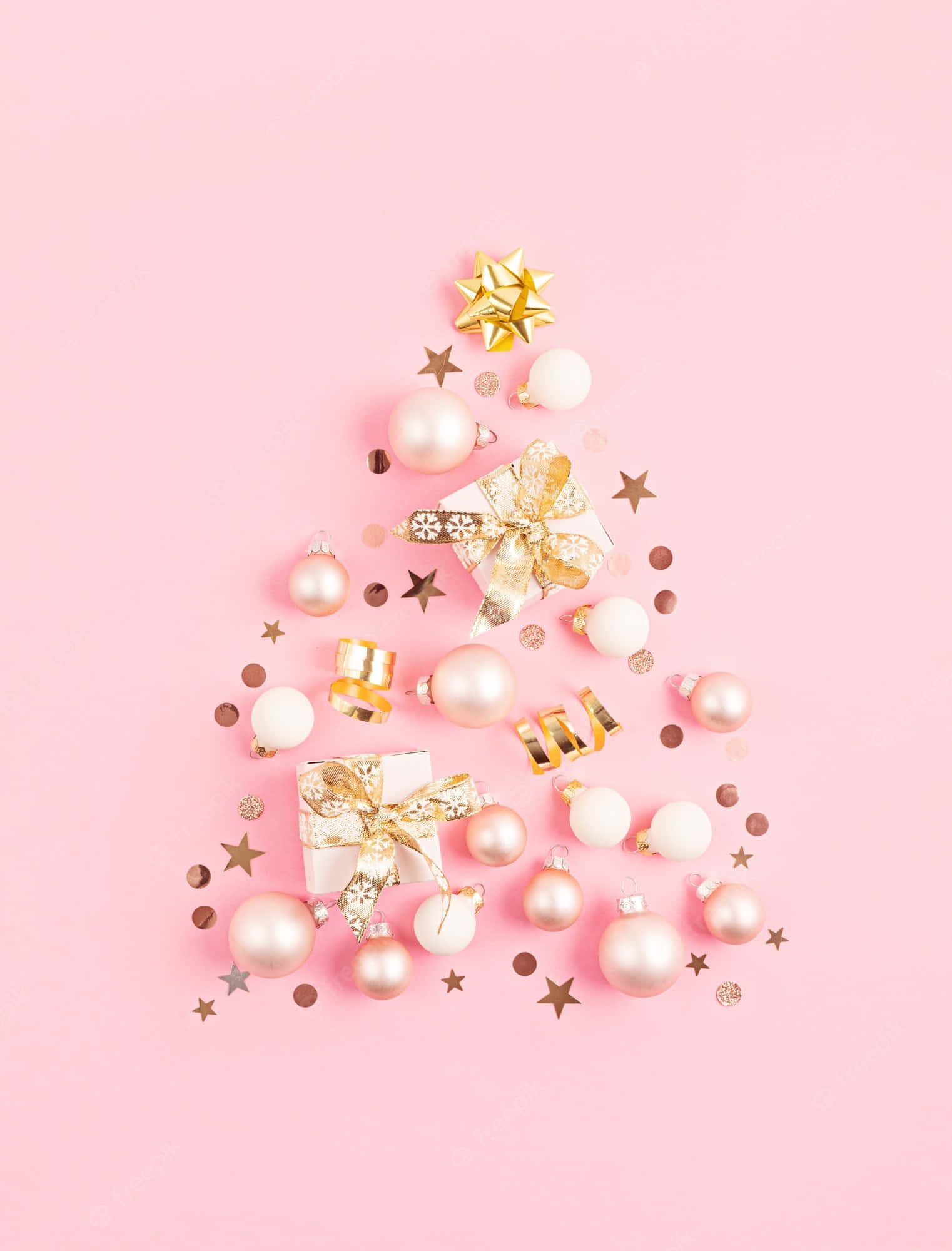 Rose Gold Christmas, pink ornaments, gold bows, Full HD Phone Wallpaper