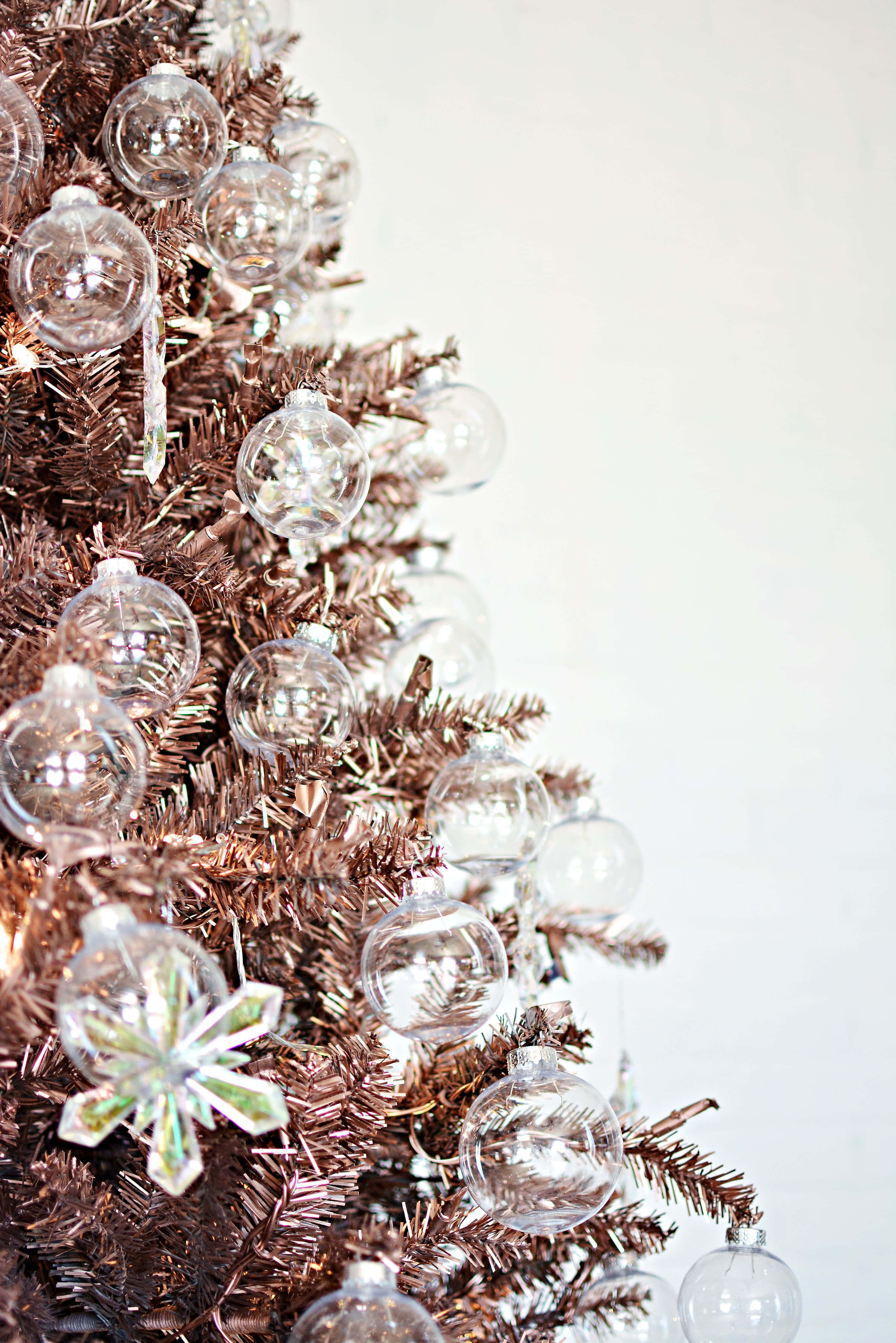 rose gold, copper-colored tinsel Christmas tree, clear glass ornaments, 4K Phone Wallpaper