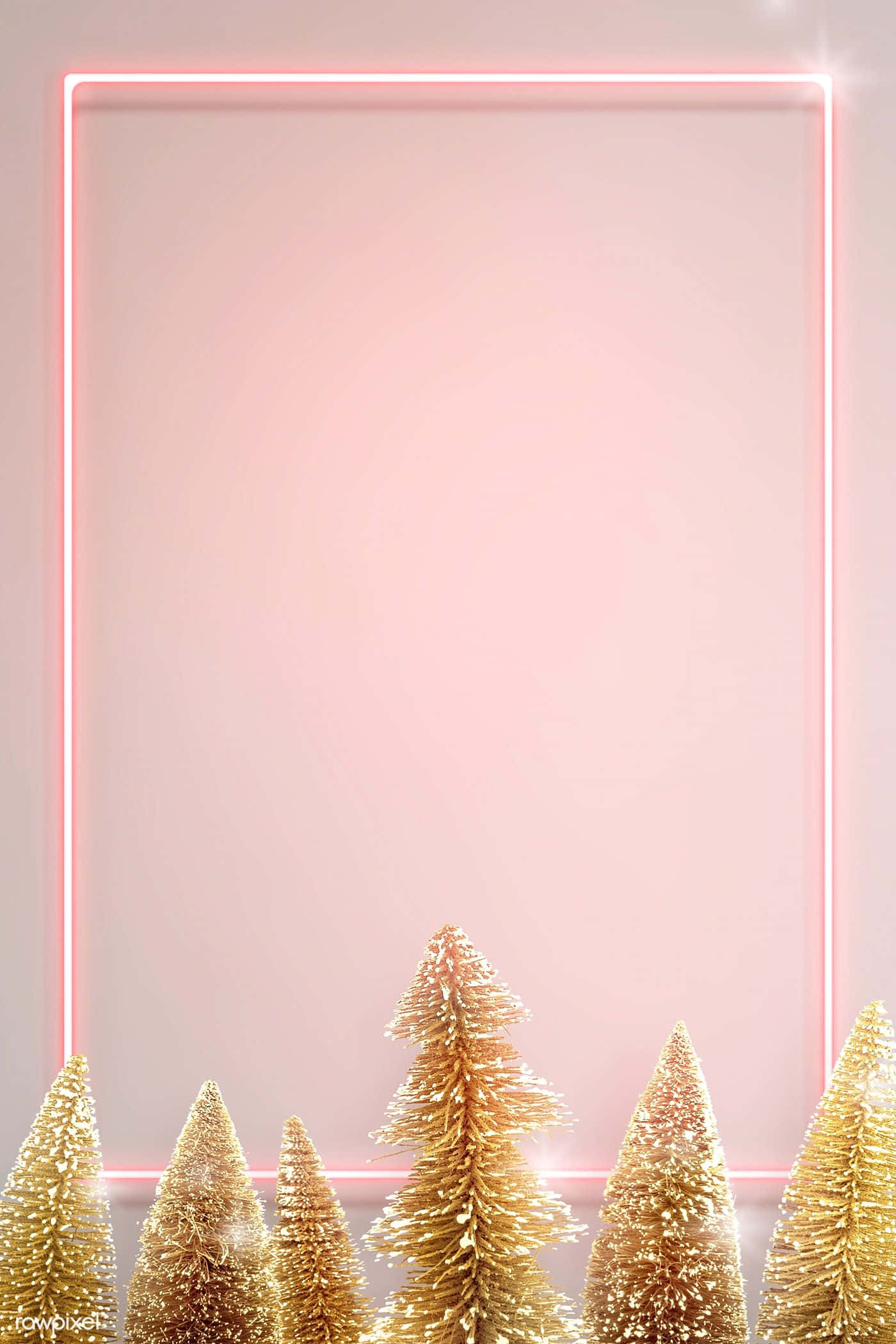 Rose Gold Christmas, golden glittery miniature Christmas trees, glowing pink neon frame, Full HD Phone Wallpaper