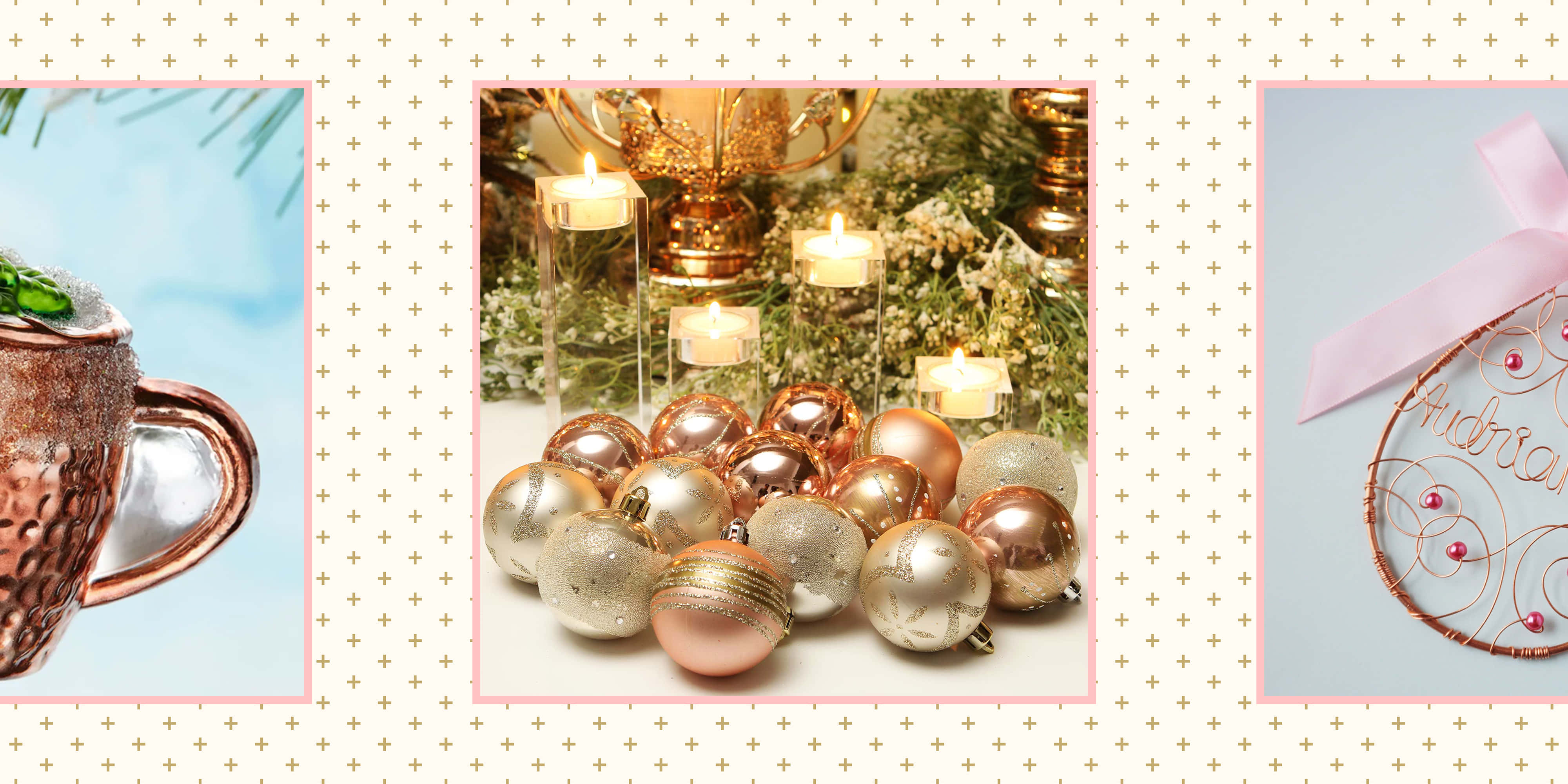 rose gold ornaments, copper mug with mint, lit candles, 4K Desktop Wallpaper