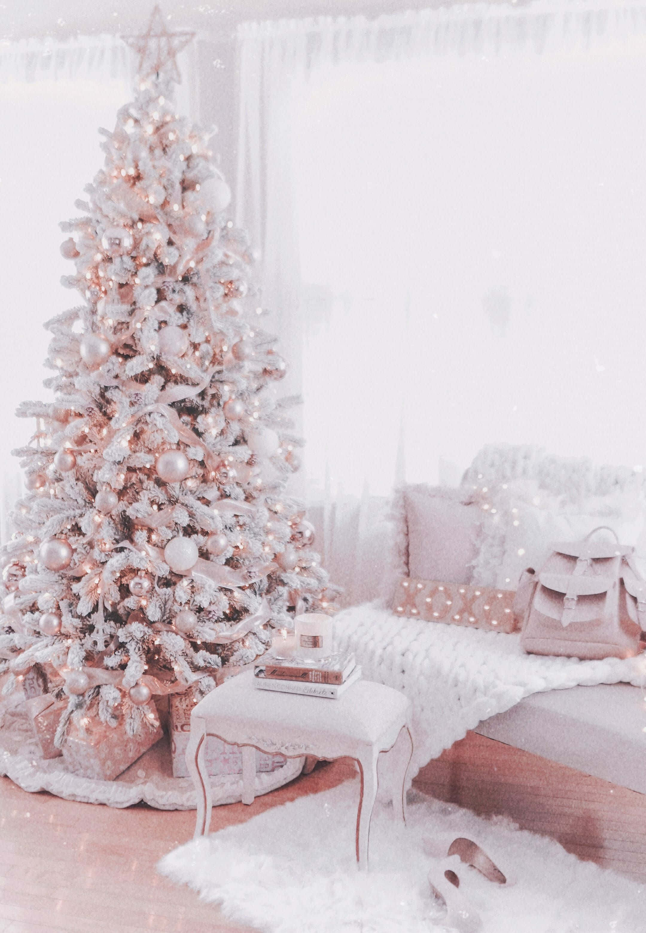 rose gold ornaments, frosted white Christmas tree, rose gold star, 2K Phone Wallpaper