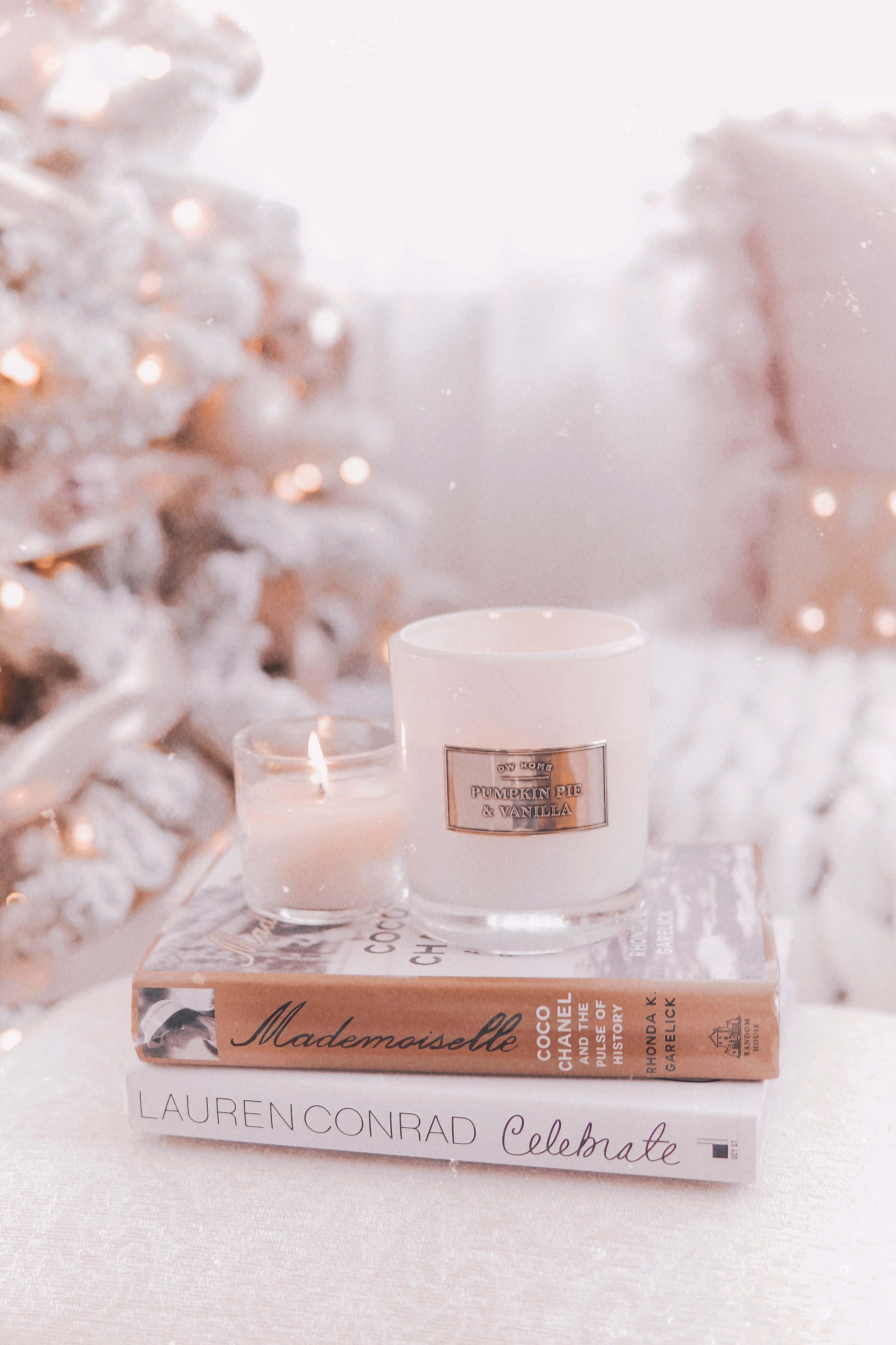 Rose Gold Christmas, cozy winter scene, lit candles, 4K Phone Wallpaper