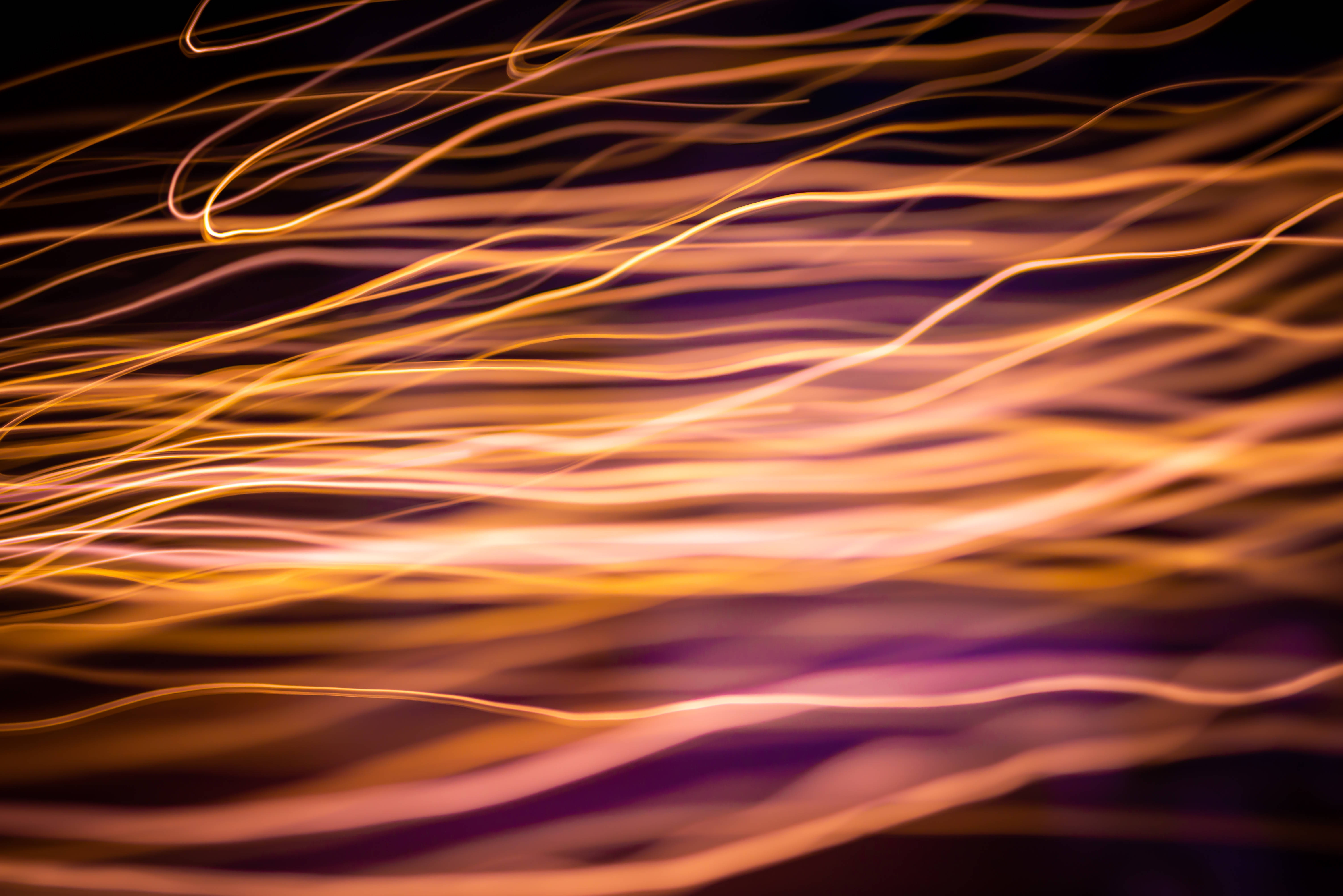Rose Gold Fire In The Dark, golden light trails, deep purple, 5K Desktop Wallpaper
