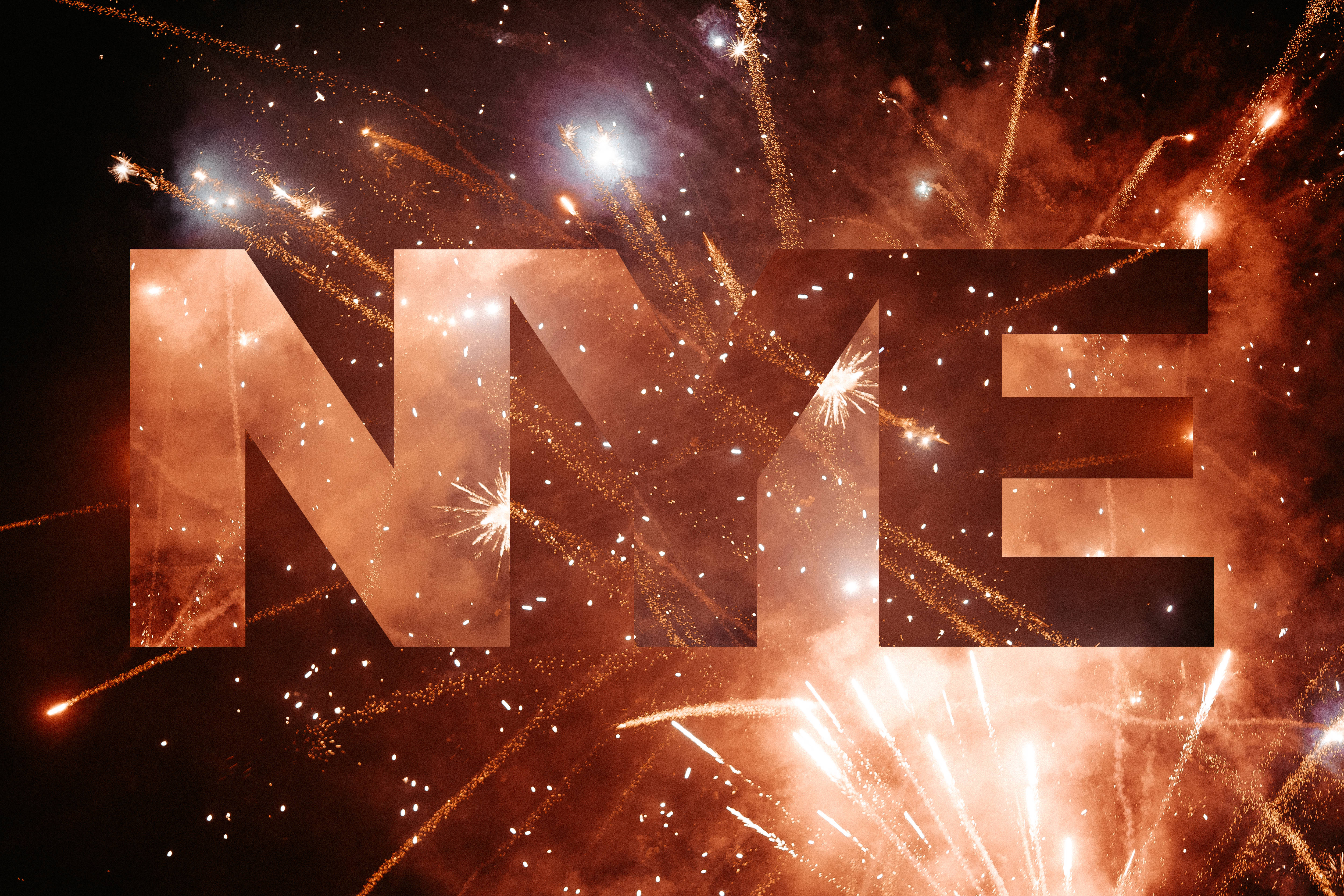 Rose Gold Happy New Year 2021 Greeting, fiery orange fireworks, dark night sky, 4K Desktop Wallpaper