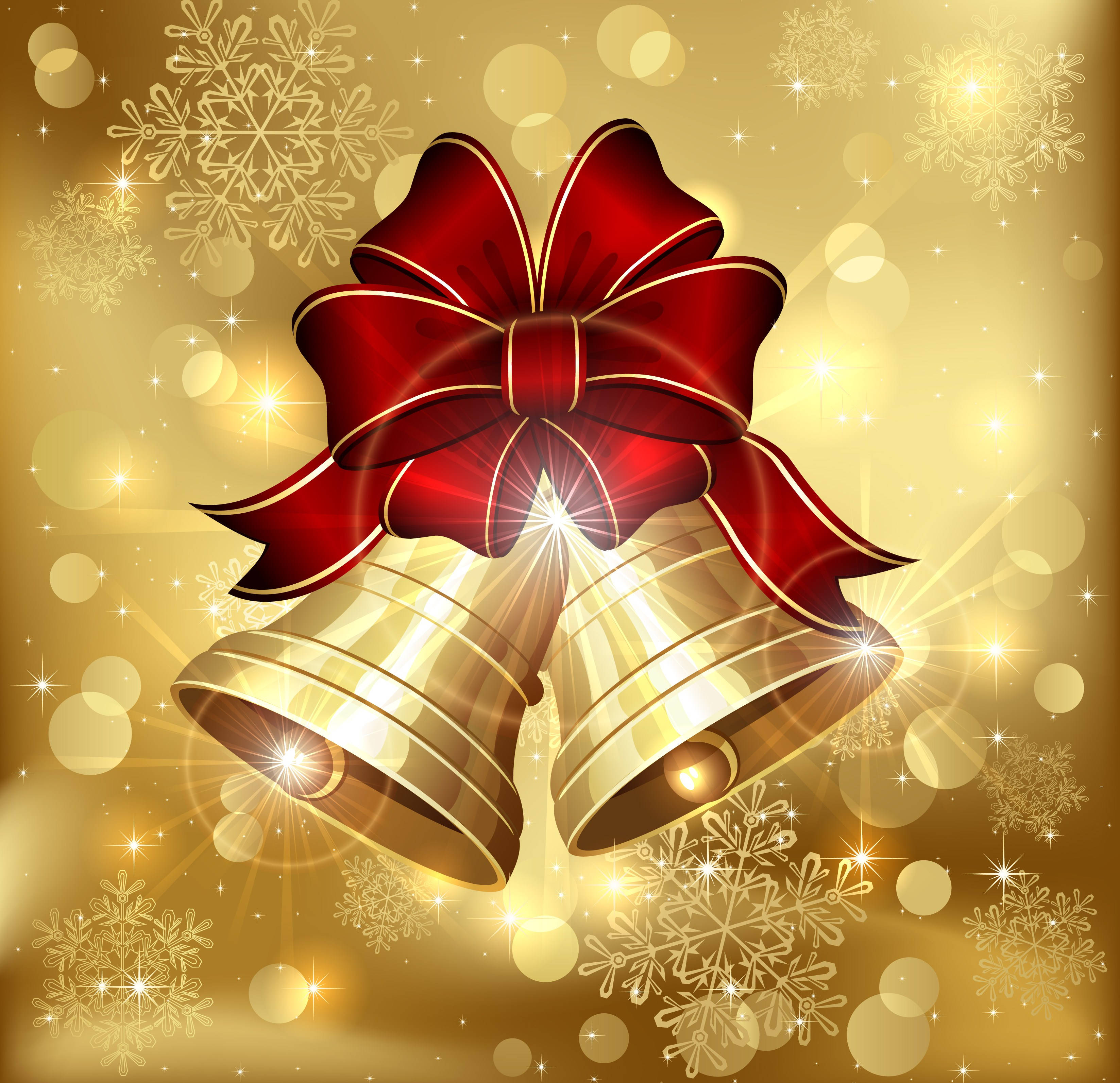 Gold Christmas Bells, golden bells, rich red bow, 2K Desktop Wallpaper