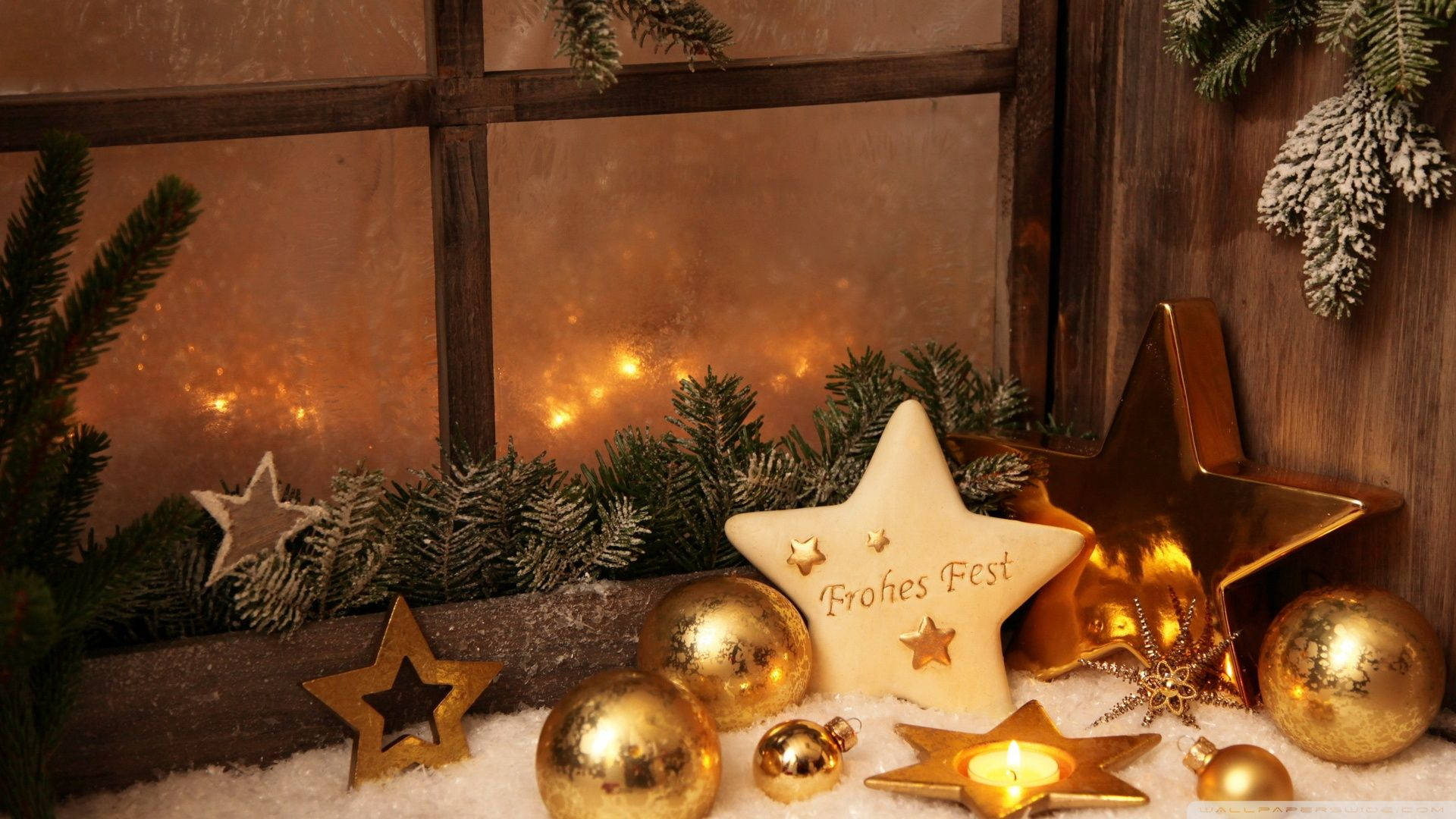 Holiday Window Gold Stars, golden ornaments, snow-dusted pine branches, Full HD Desktop Wallpaper